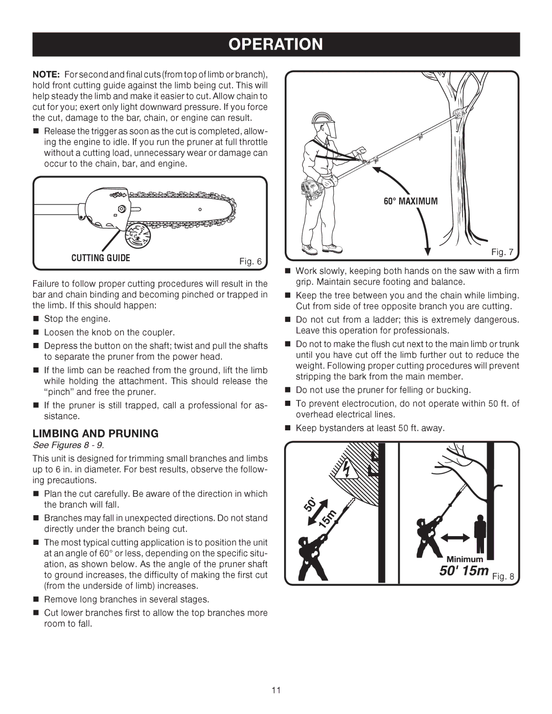 Ryobi RY52014 manual Limbing and Pruning, Cutting Guide, See Figures 8, Maximum 