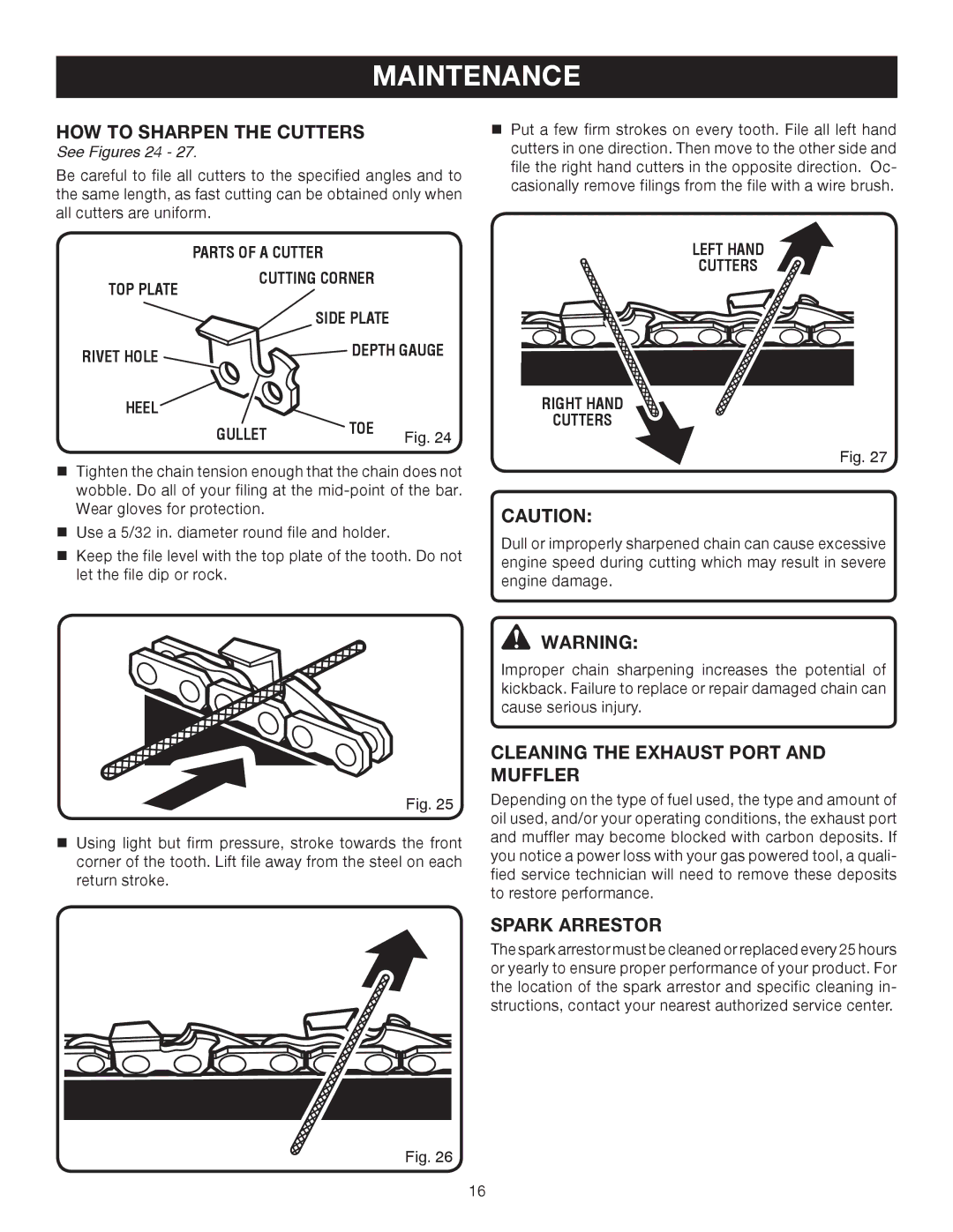 Ryobi RY52014 manual HOW to Sharpen the Cutters, Cleaning the Exhaust Port and Muffler, Spark Arrestor, See Figures 24 