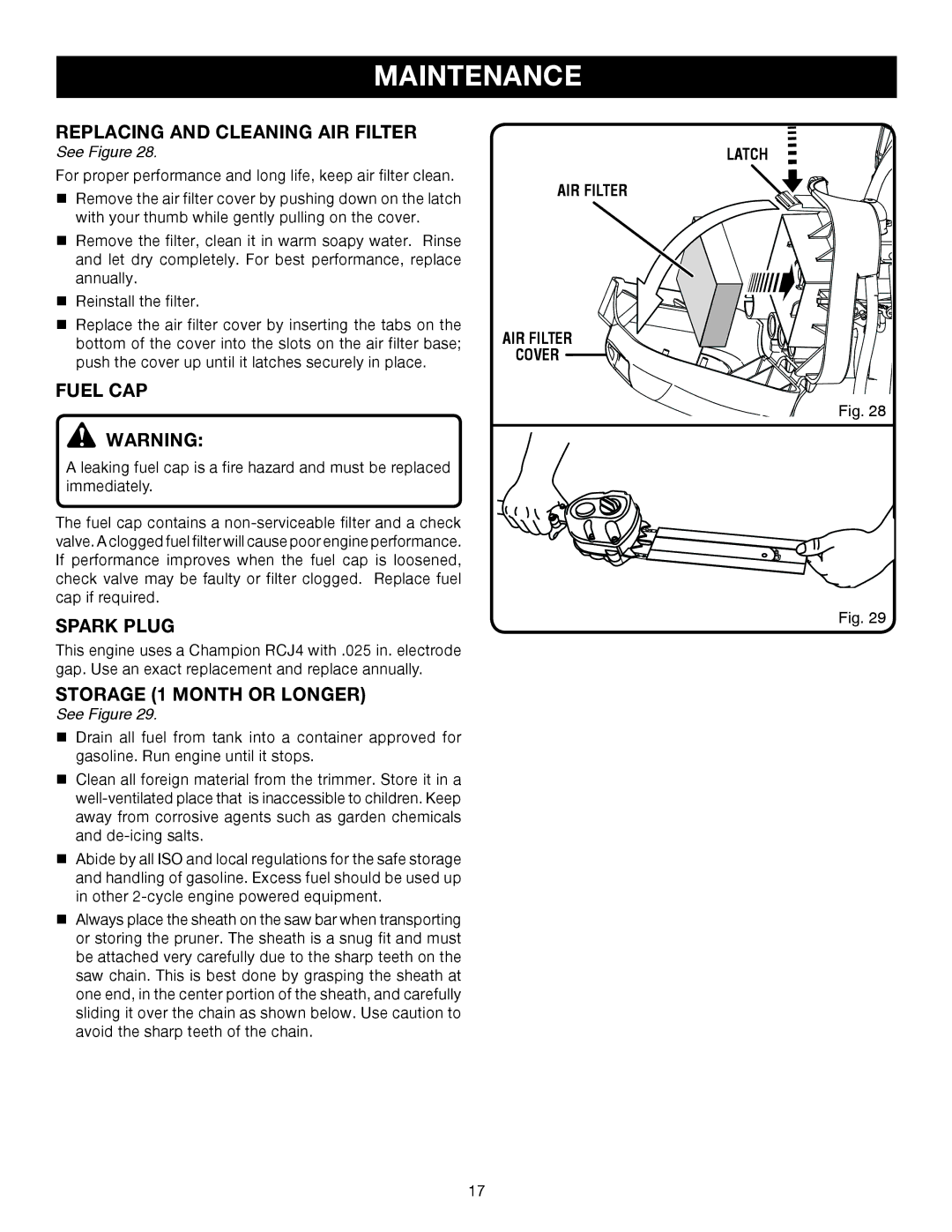 Ryobi RY52014 manual Replacing and Cleaning AIR Filter, Fuel CAP, Spark Plug, Storage 1 Month or Longer, Latch AIR Filter 