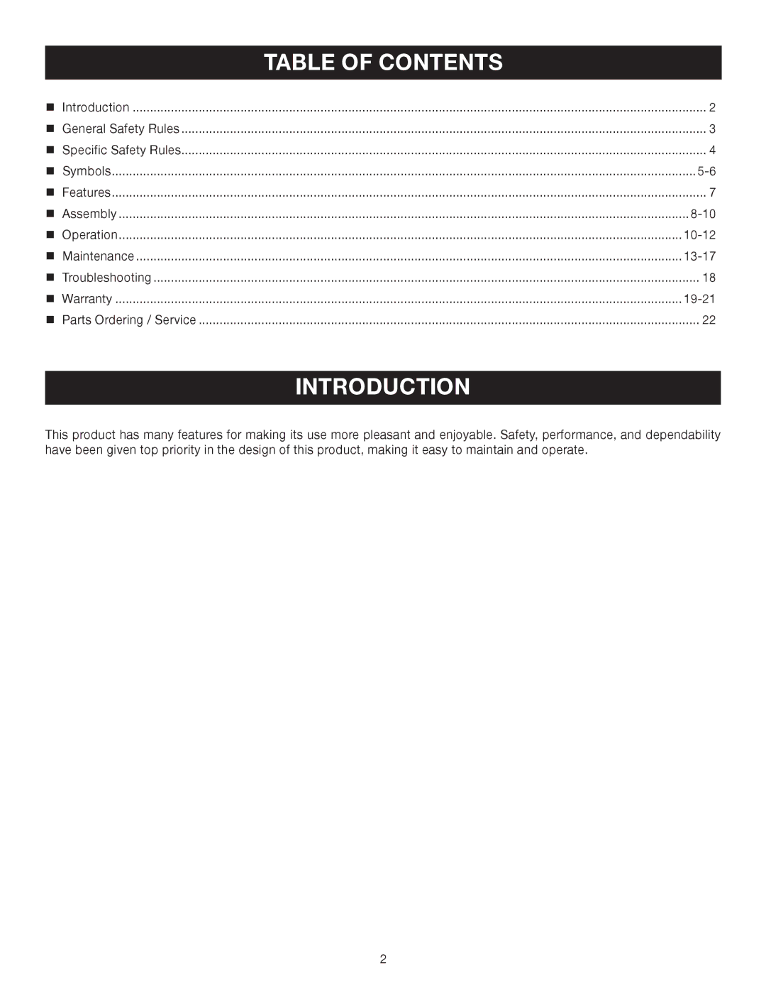 Ryobi RY52014 manual Introduction, Table of Contents 