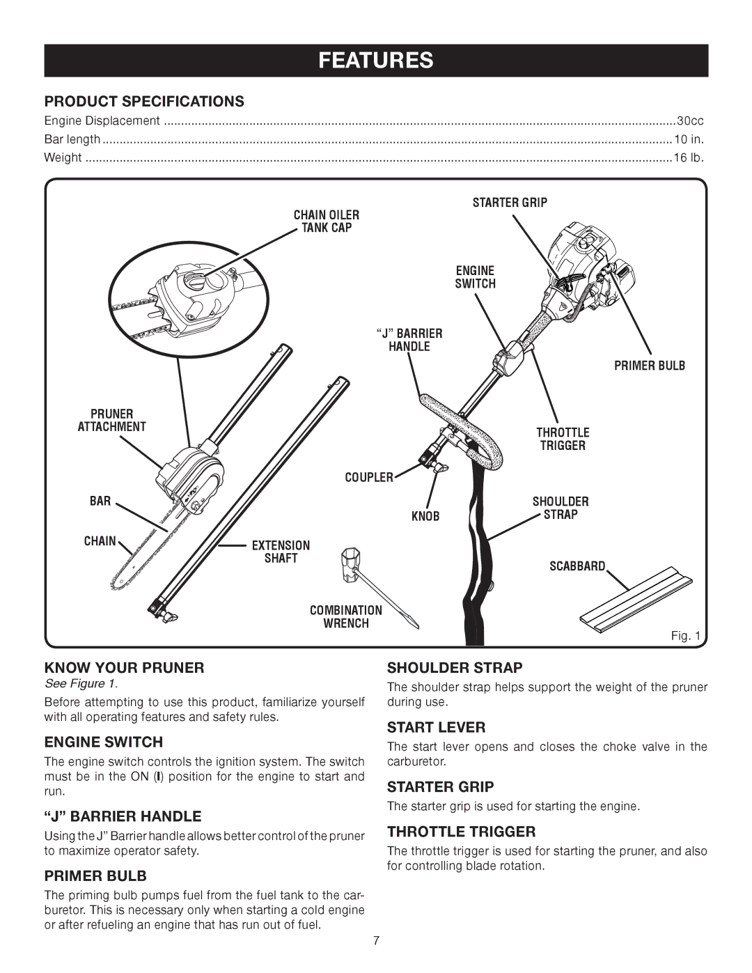 Ryobi RY52014 manual Product Specifications, Know Your Pruner, Engine Switch, Barrier Handle, Primer Bulb, Shoulder Strap 