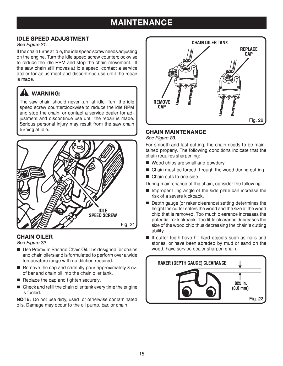 Ryobi RY52014 manual Idle Speed Adjustment, Chain Maintenance, Chain Oiler, See Figure, Idle Speed Screw 
