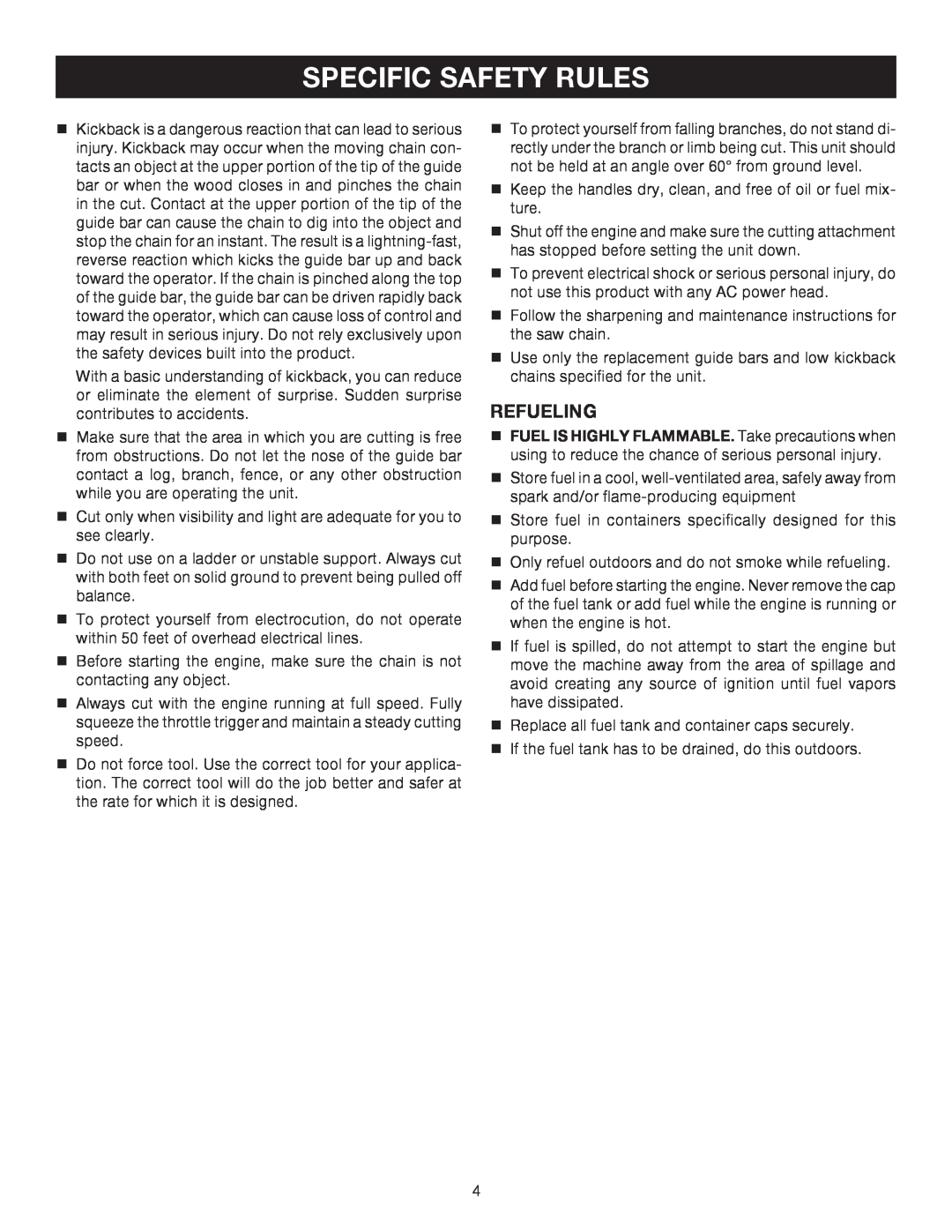 Ryobi RY52014 manual Specific Safety Rules, Refueling 