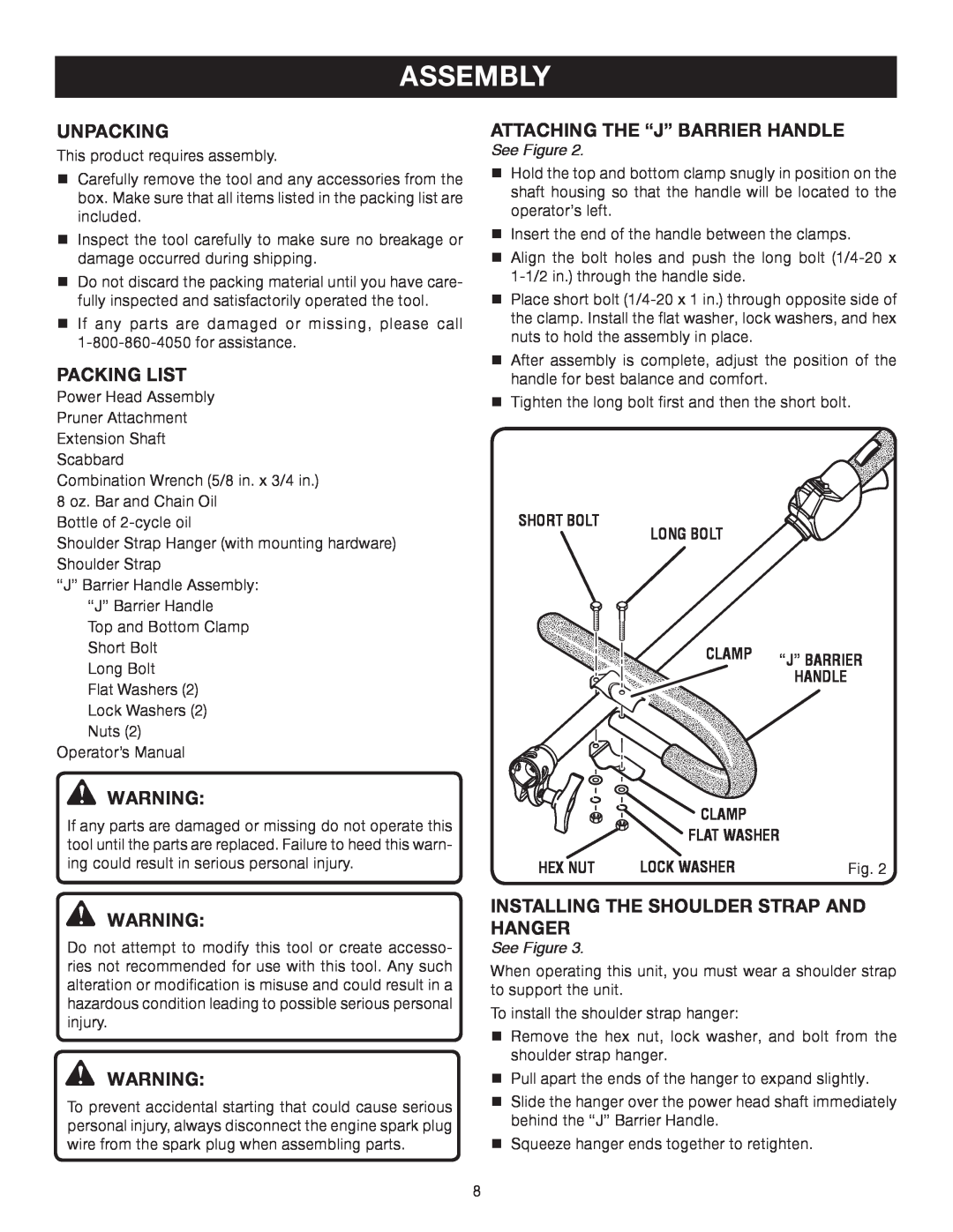 Ryobi RY52014 Assembly, Unpacking, Packing List, Attaching The “J” Barrier Handle, See Figure, Short Bolt Long Bolt, Clamp 
