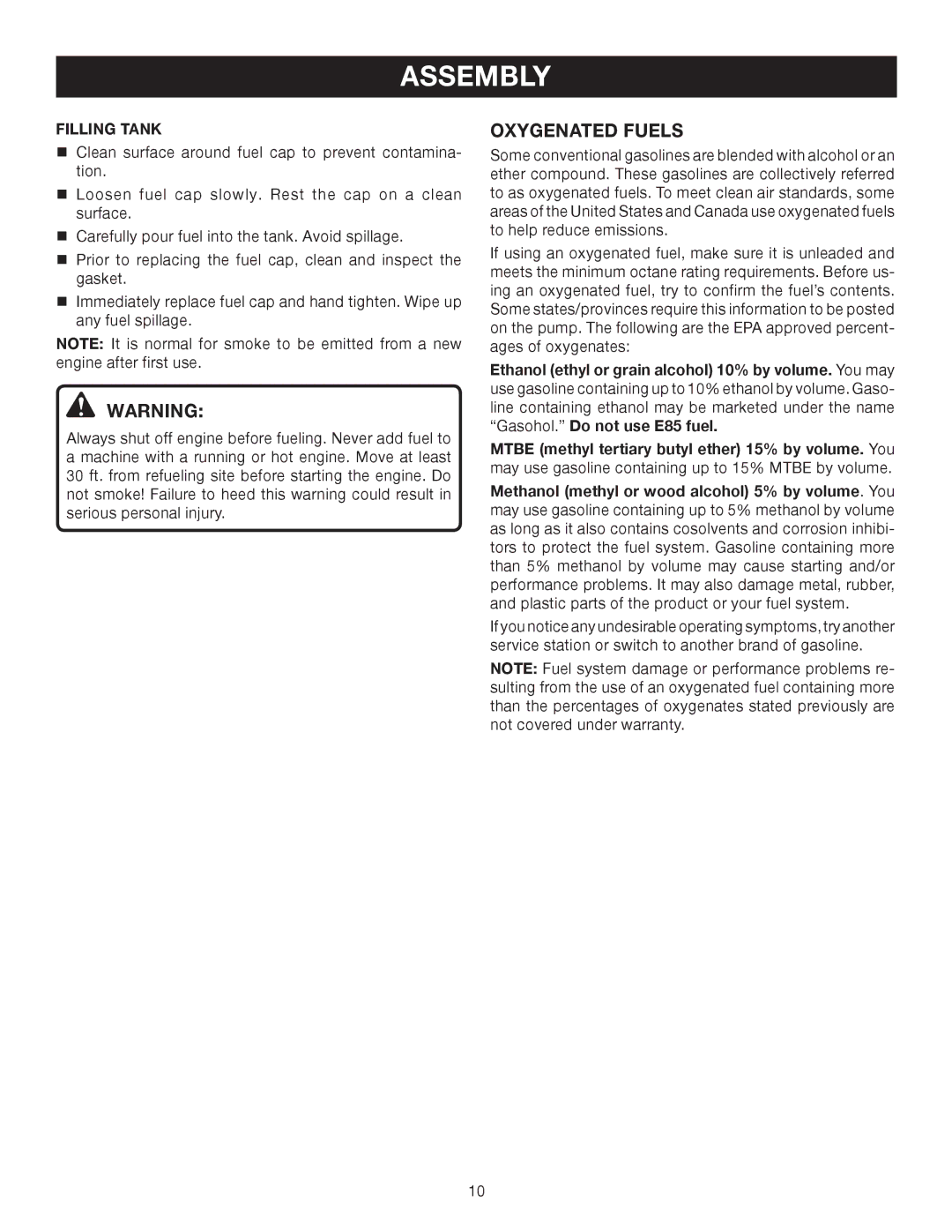 Ryobi RY52504, RY52905 manual Oxygenated Fuels, Filling Tank 