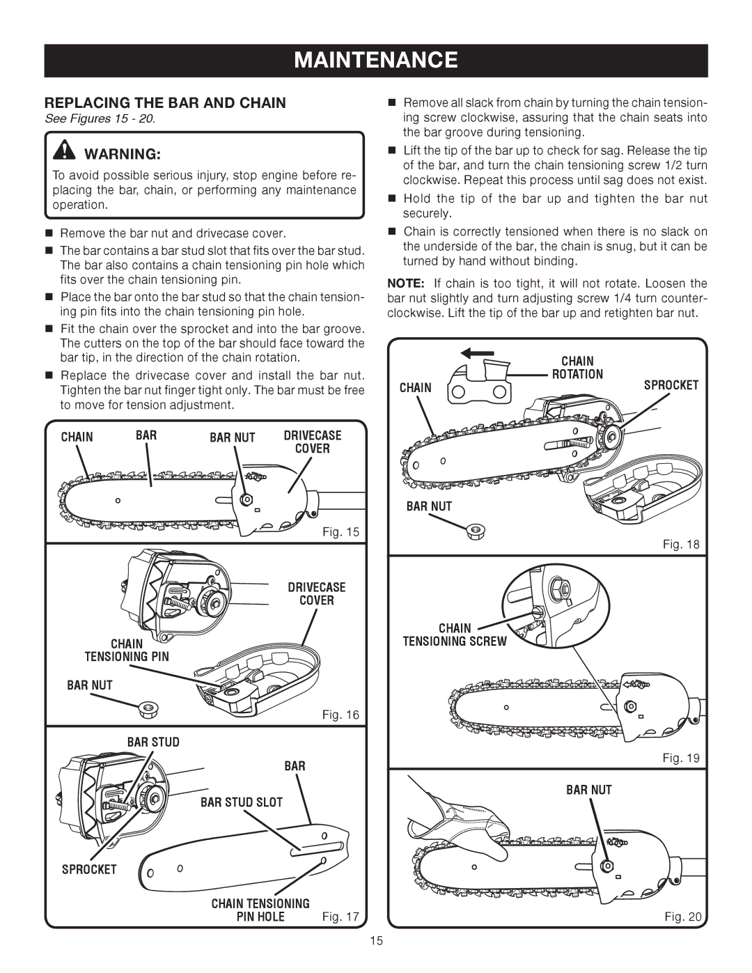 Ryobi RY52905 Maintenance, Replacing the bar and chain, See Figures 15, Chain BAR BAR NUT, BAR NUT Chain Tensioning Screw 