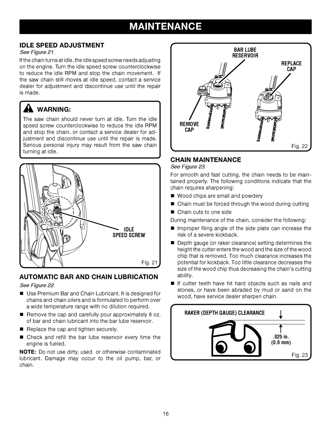 Ryobi RY52504, RY52905 Idle Speed Adjustment, Chain Maintenance, Idle Speed Screw, BAR Lube Reservoir Replace CAP Remove 