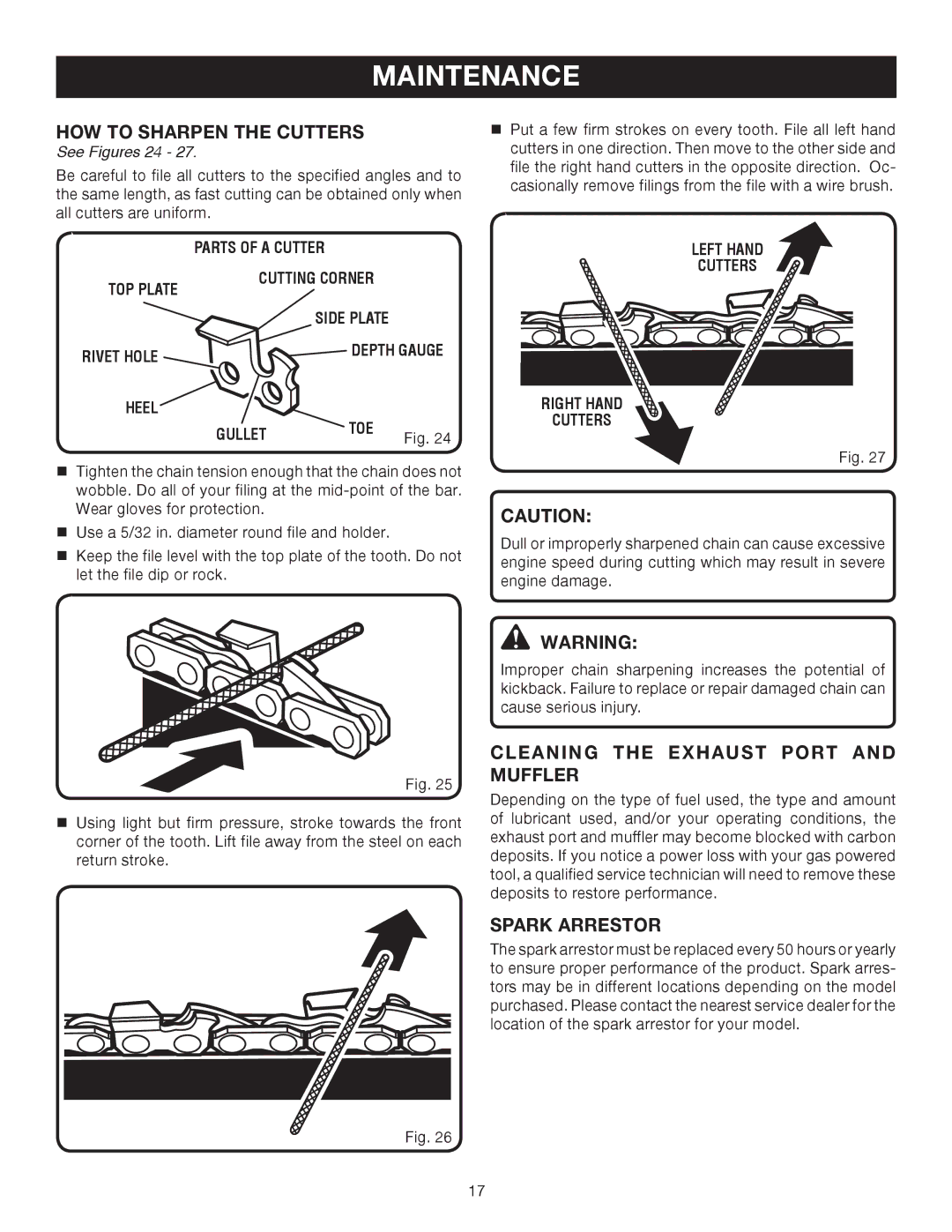 Ryobi RY52905, RY52504 How to Sharpen the Cutters, Cleaning the Exhaust Port and Muffler, Spark Arrestor, See Figures 24 