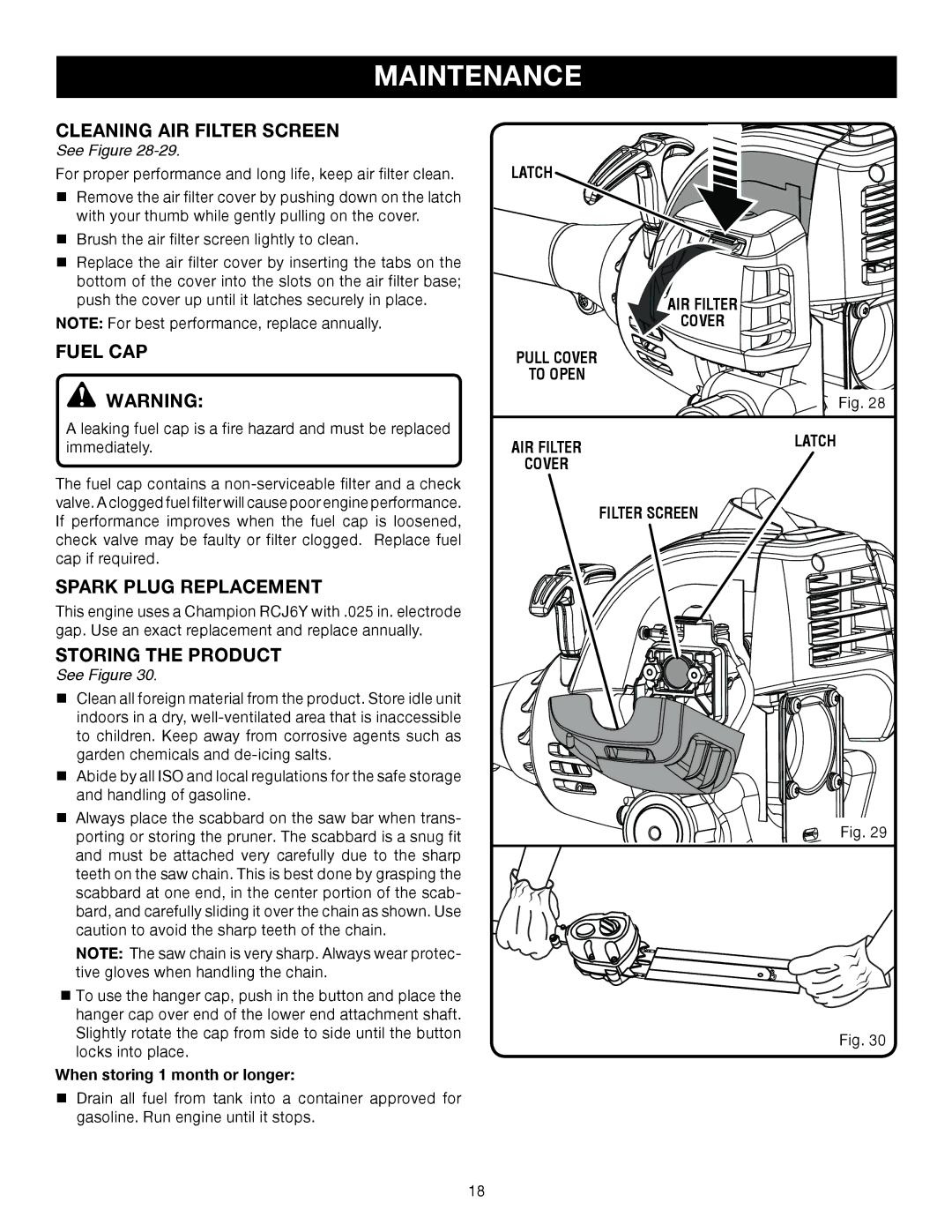 Ryobi RY52504, RY52905 manual Cleaning AIR Filter screen, Fuel CAP, Spark Plug replacement, STORing the product 