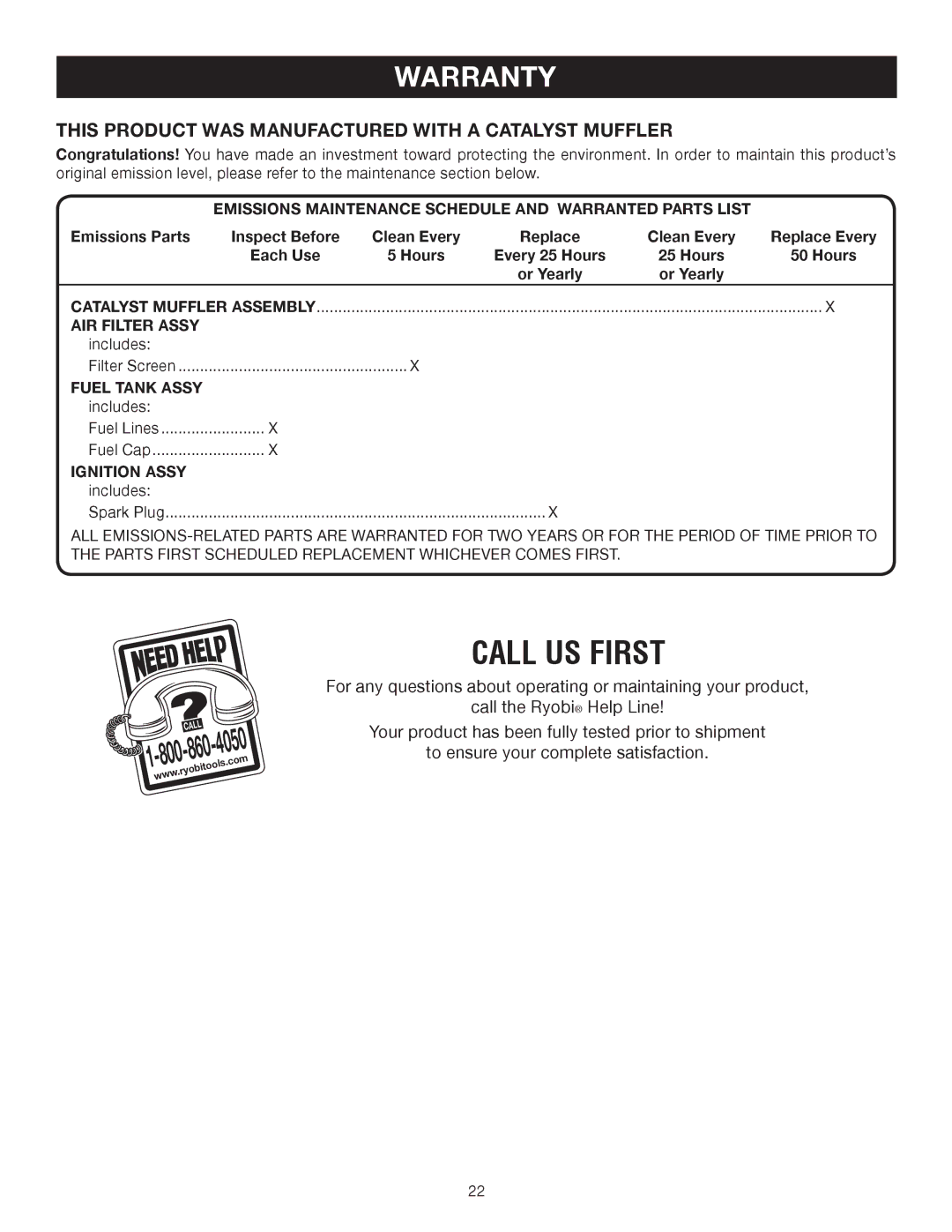 Ryobi RY52504 manual This product was manufactured with a catalyst muffler, AIR Filter Assy, Fuel Tank Assy, Ignition Assy 