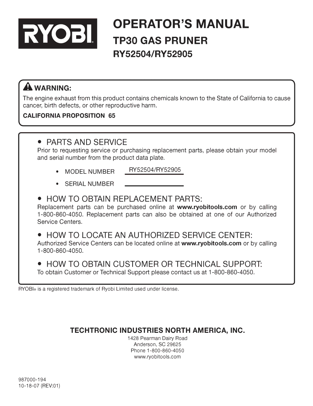 Ryobi RY52504, RY52905 manual Parts and Service, California Proposition 