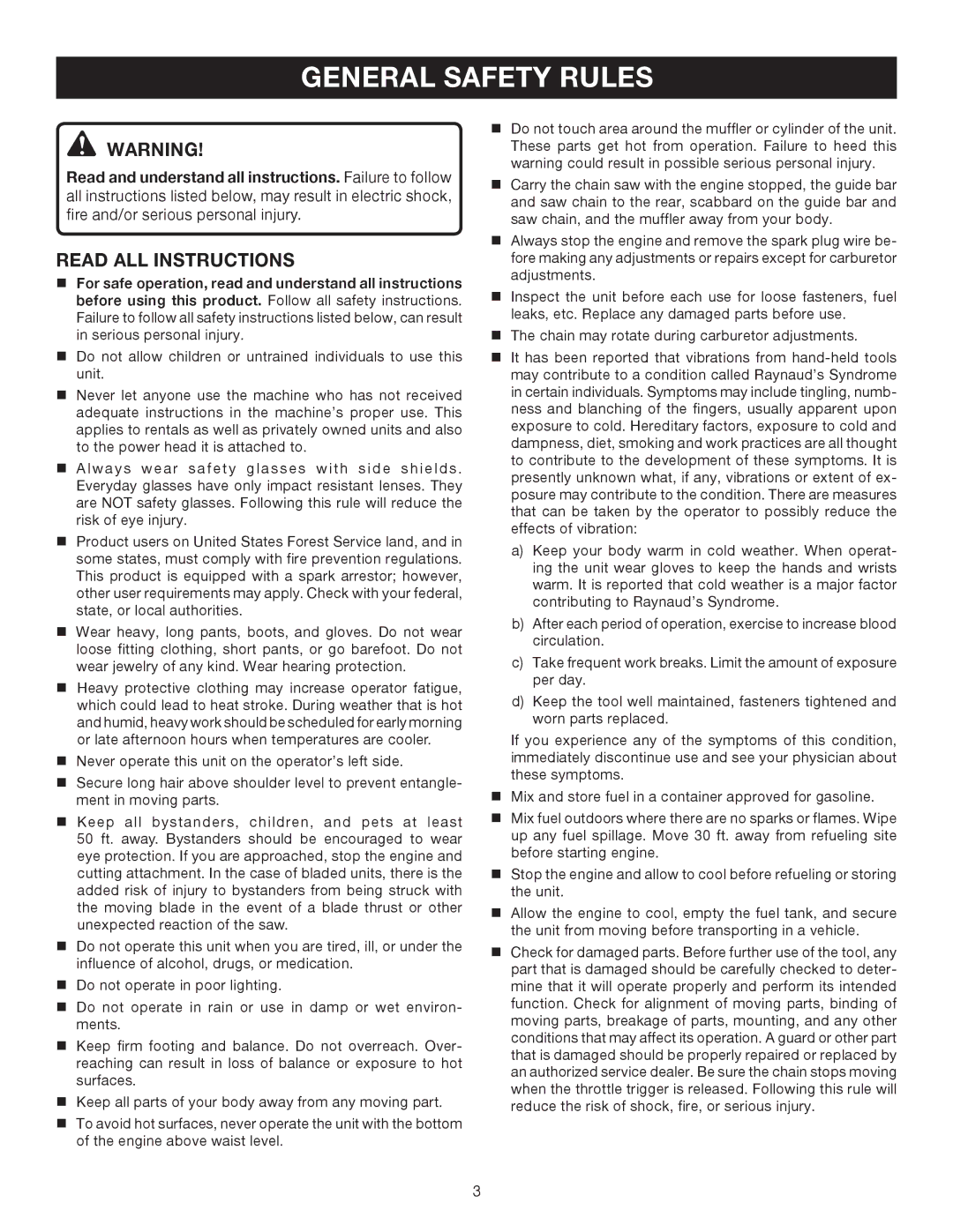 Ryobi RY52905, RY52504 manual General Safety Rules, Read ALL Instructions 