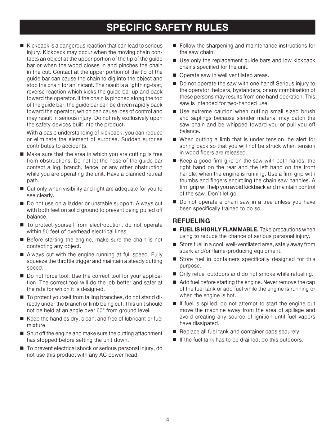 Ryobi RY52504, RY52905 manual Specific Safety Rules, Refueling 