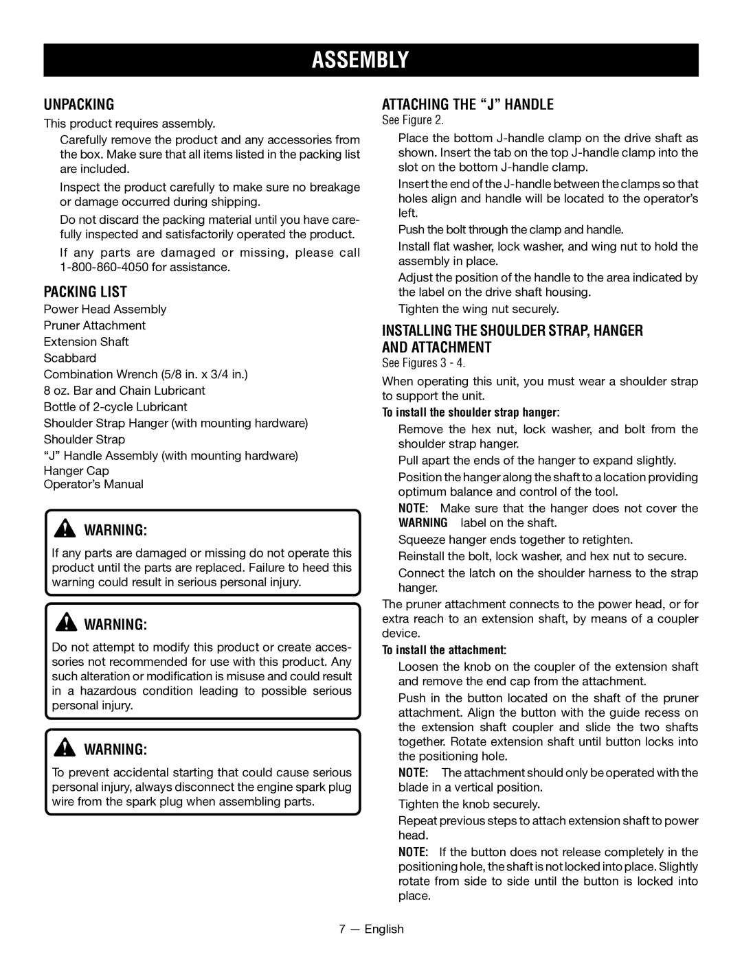 Ryobi RY52907, RY52604 manuel dutilisation Assembly, Unpacking, Packing List, Attaching the J Handle 