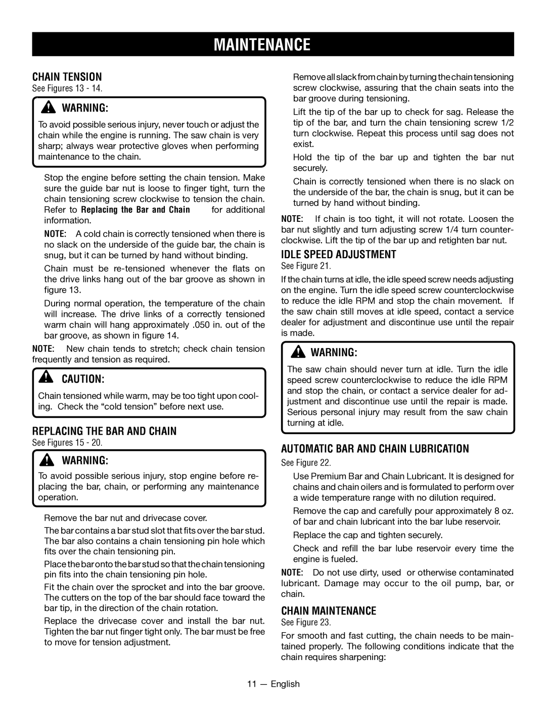 Ryobi RY52907, RY52604 Chain Tension, Replacing the BAR and Chain, Idle Speed Adjustment, Chain Maintenance 