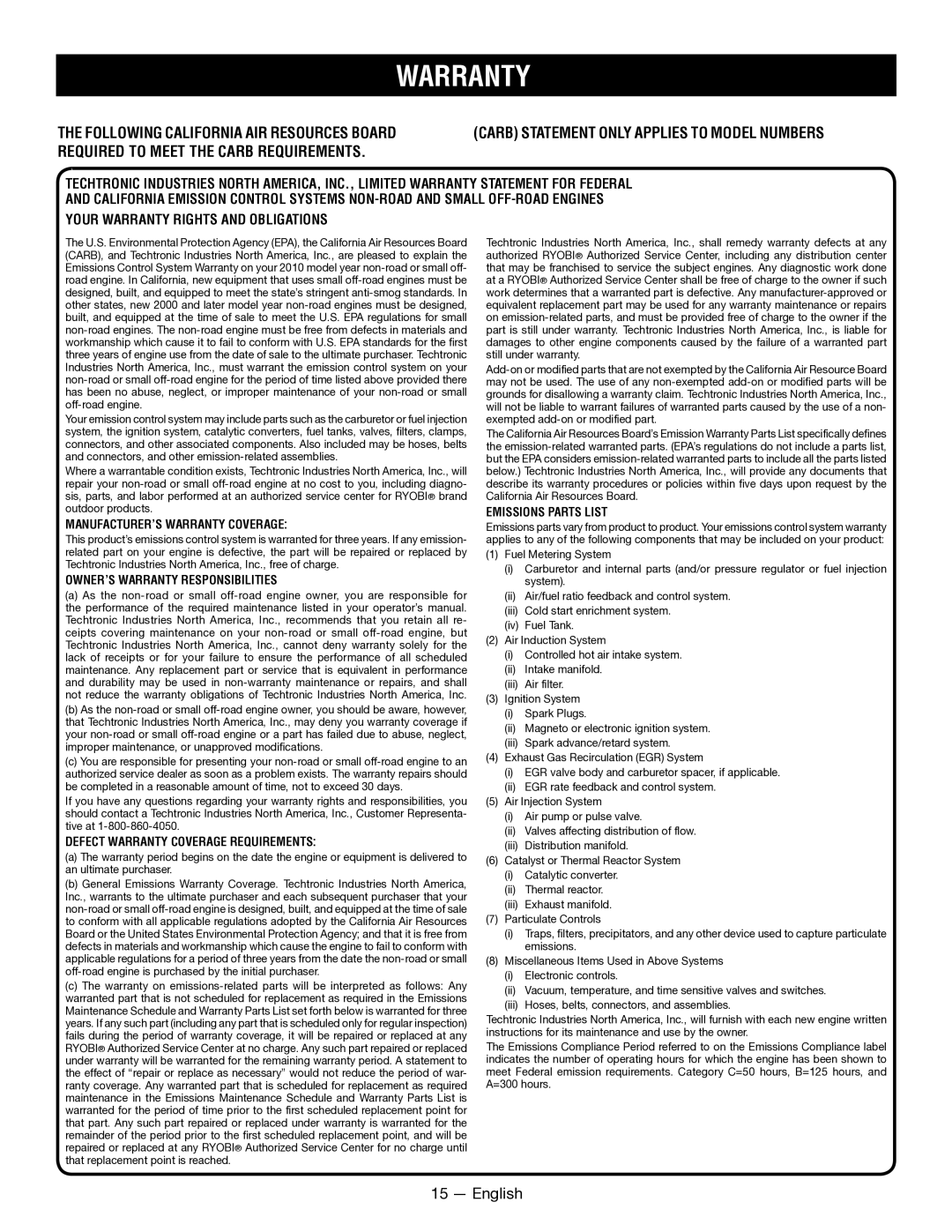 Ryobi RY52907, RY52604 manuel dutilisation MANUFACTURER’S Warranty Coverage 