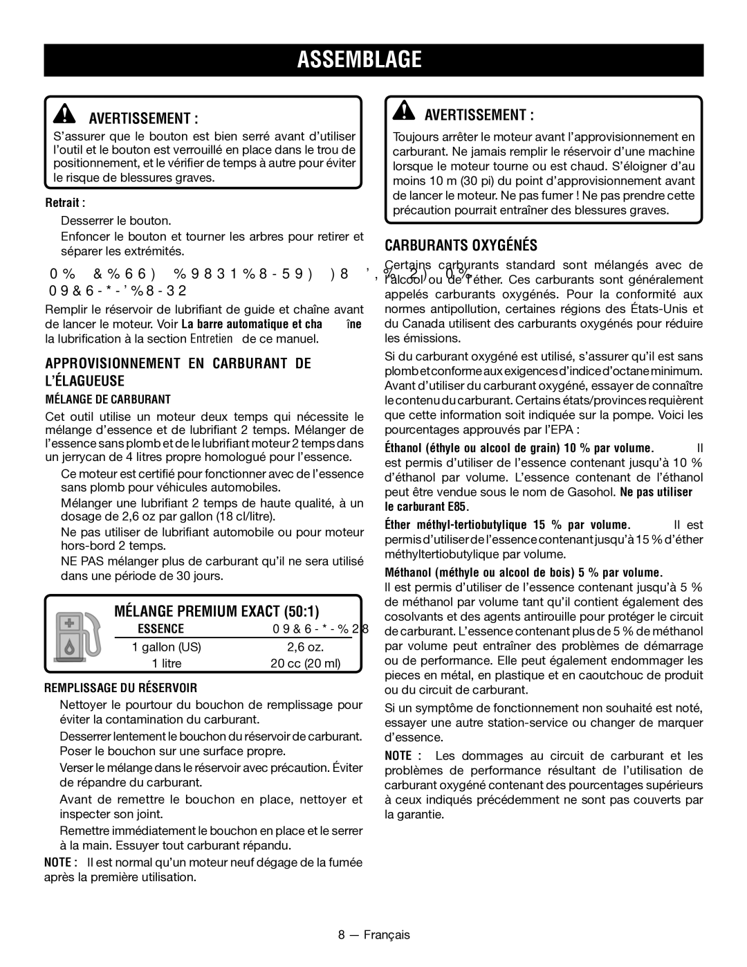 Ryobi RY52907, RY52604 Mélange Premium Exact, Carburants Oxygénés, LA Barre Automatique ET Chaîne LA Lubrification 