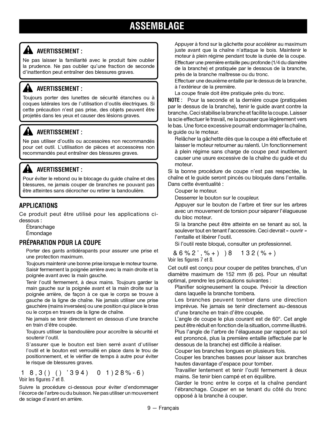 Ryobi RY52604, RY52907 Préparation Pour LA Coupe, Méthode DE Coupe Élémentaire, Ébranchage ET Émondage, Avertissement  