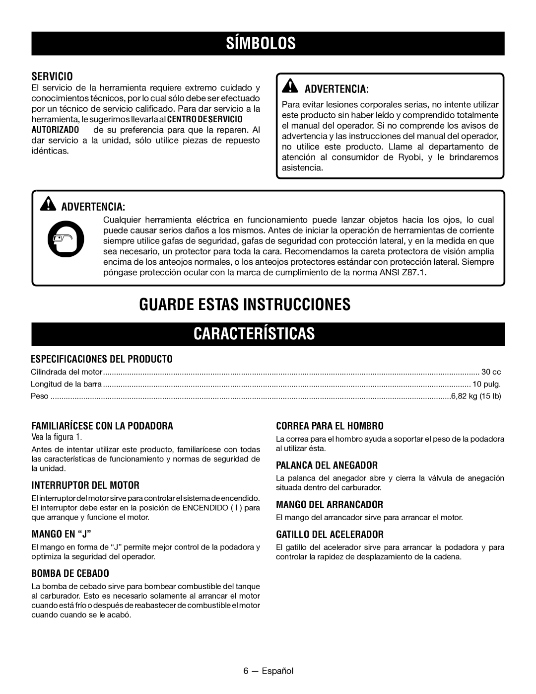 Ryobi RY52604, RY52907 manuel dutilisation Características, Servicio 