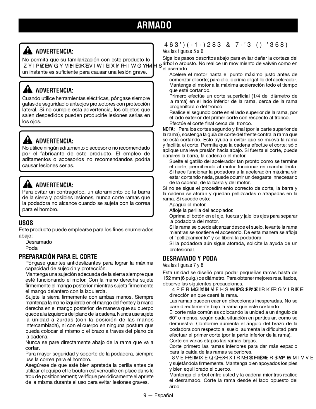 Ryobi RY52907, RY52604 manuel dutilisation Usos, Preparación Para EL Corte, Procedimiento Básico DE Corte, Desramado Y Poda 