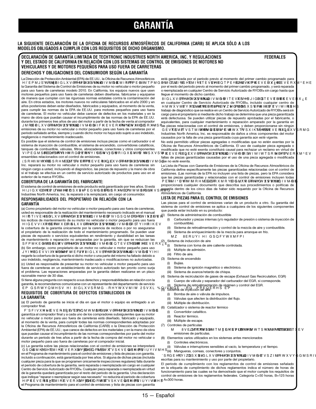 Ryobi RY52907, RY52604 manuel dutilisation Cobertura DE LA Garantía DEL Fabricante 