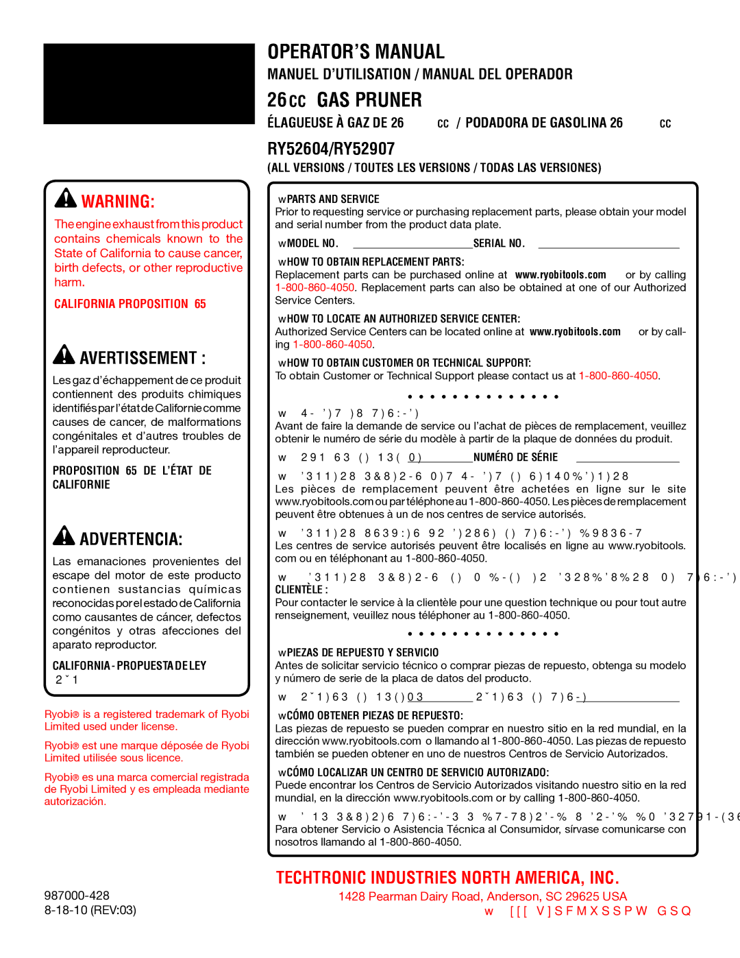 Ryobi RY52604, RY52907 Manuel D’UTILISATION / Manual DEL Operador, Élagueuse À GAZ DE 26 CC / Podadora DE Gasolina 26 CC 