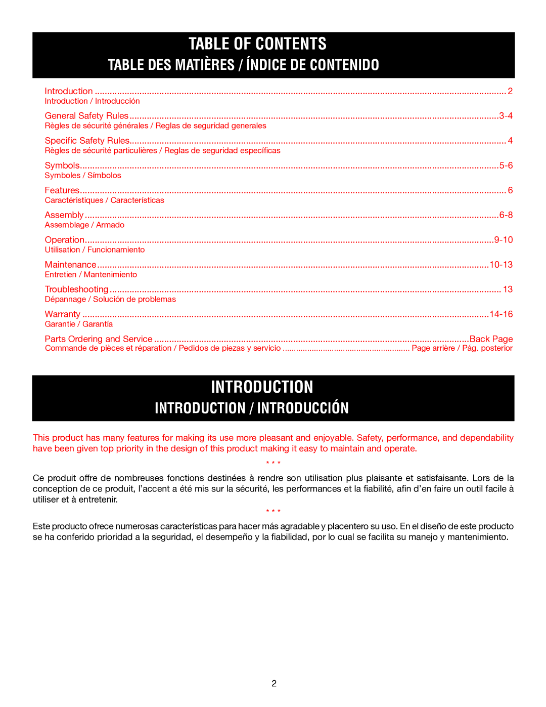 Ryobi RY52604, RY52907 manuel dutilisation Table of Contents, Introduction 