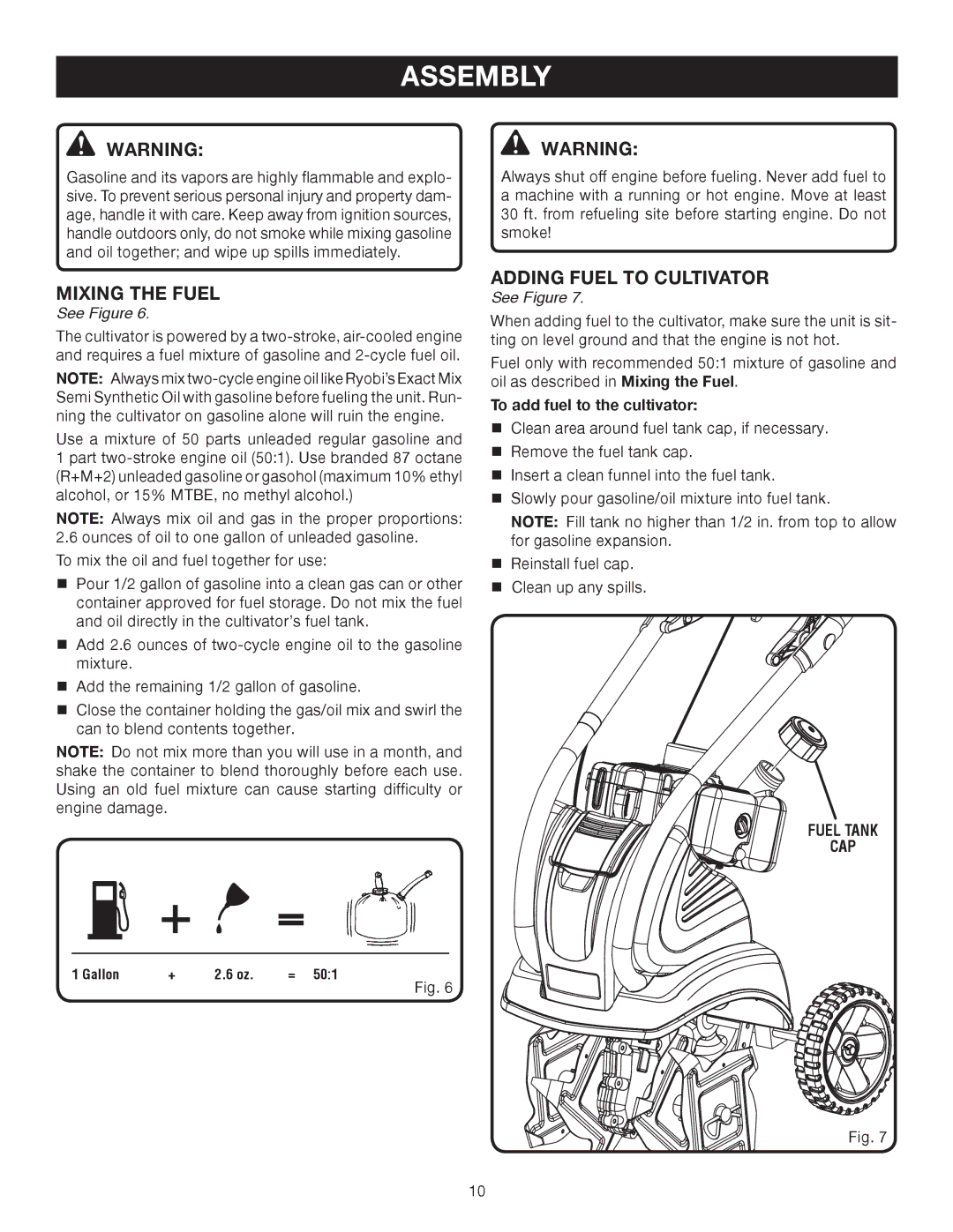 Ryobi RY60512 manual Mixing the Fuel, Adding Fuel to Cultivator, To add fuel to the cultivator, Fuel Tank CAP 