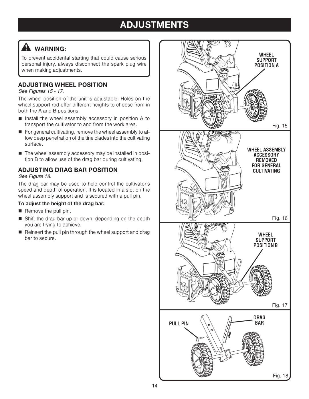 Ryobi RY60512 manual Adjustments, Adjusting Wheel Position, Adjusting Drag BAR Position, See Figures 15 