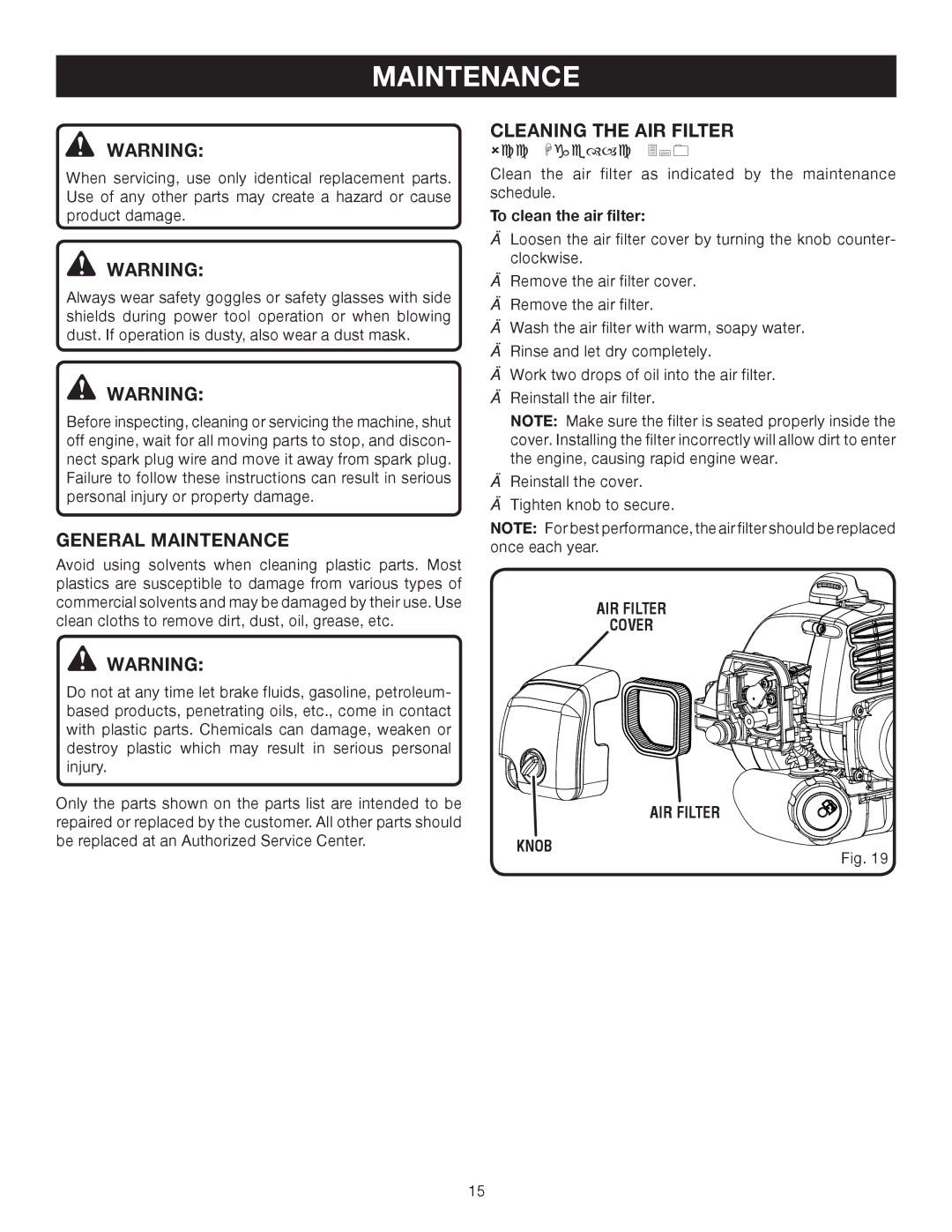 Ryobi RY60512 manual General Maintenance, Cleaning the AIR Filter 