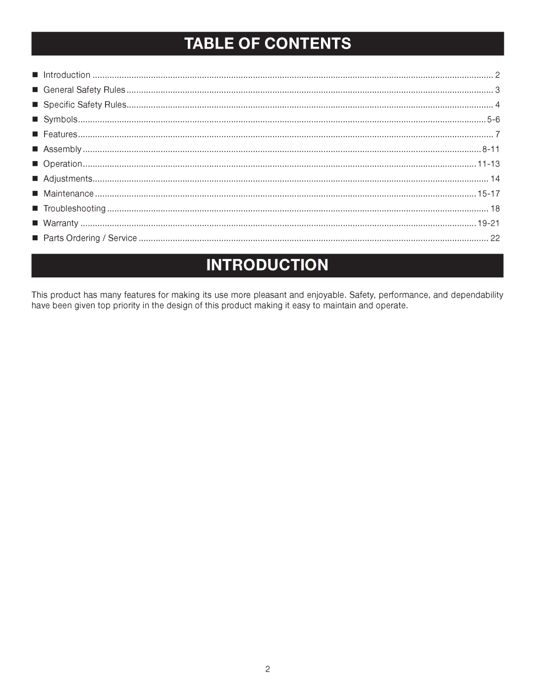 Ryobi RY60512 manual Introduction, Table of Contents 