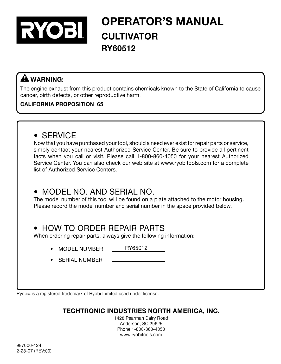 Ryobi RY60512 manual Service Model NO. and Serial no, California Proposition 