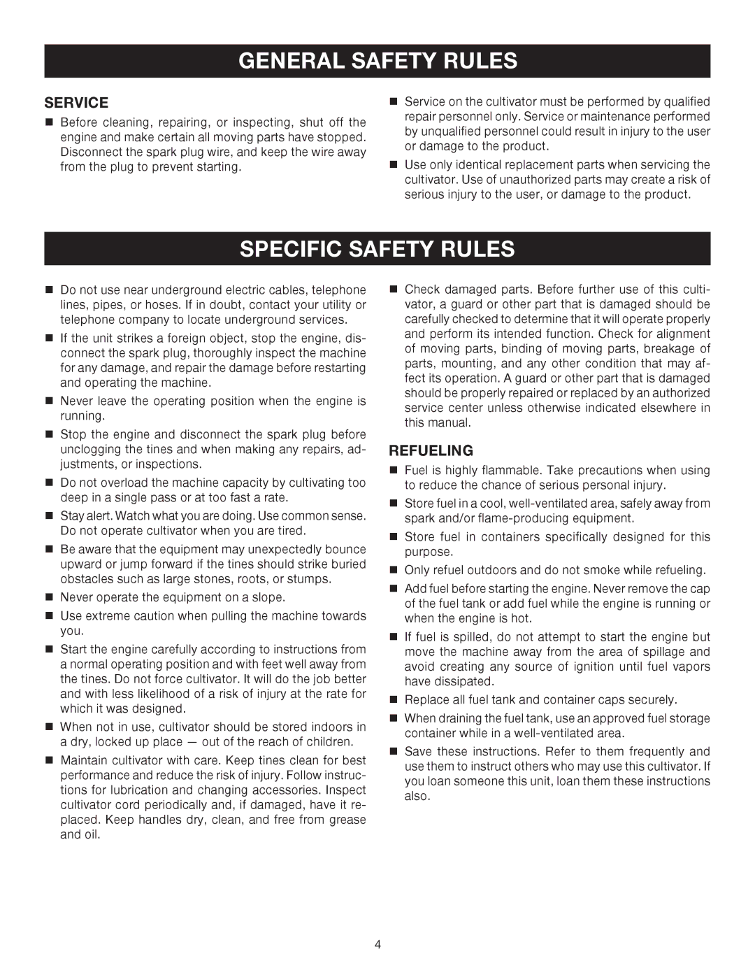 Ryobi RY60512 manual Specific Safety Rules, Service, Refueling 