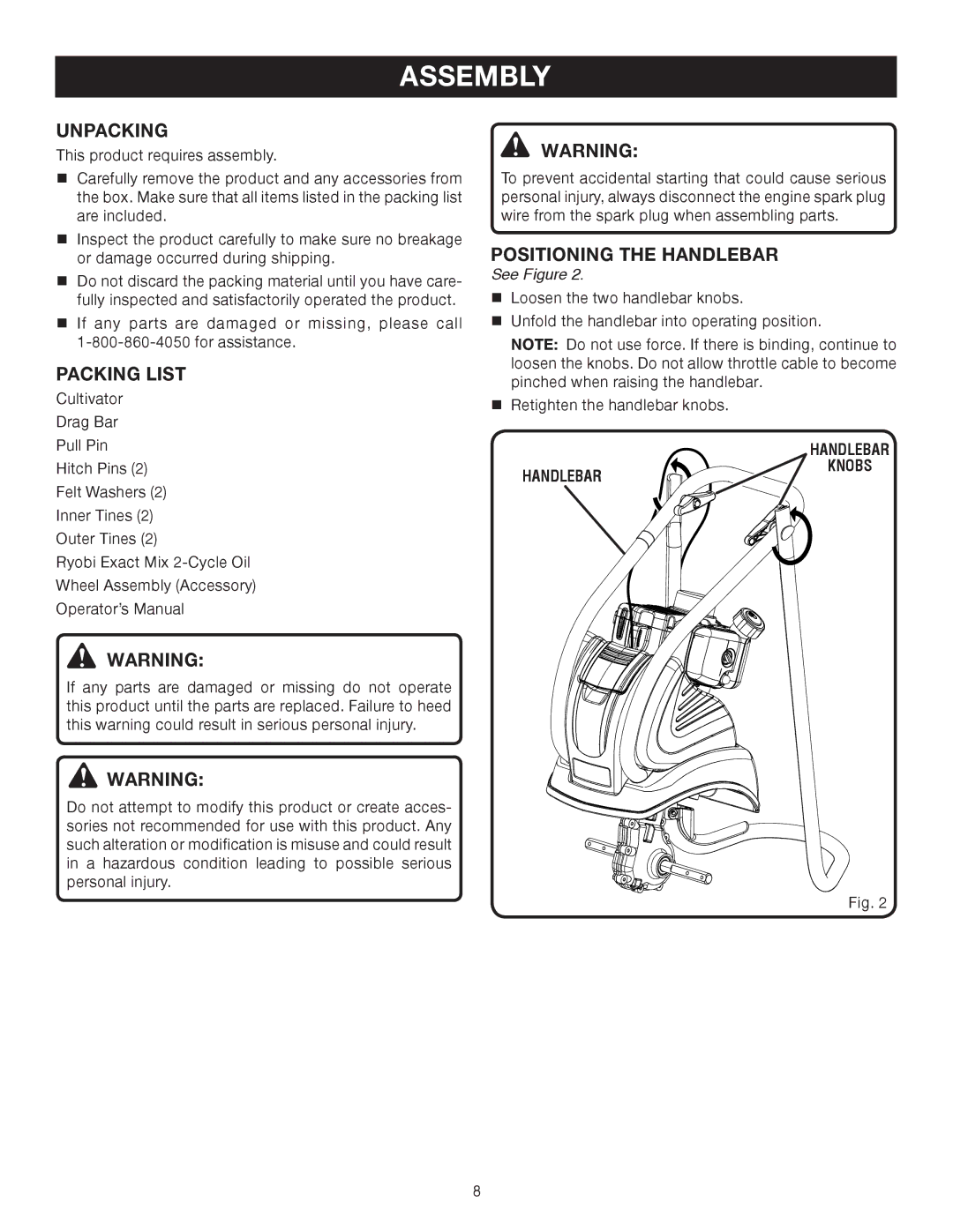 Ryobi RY60512 manual Assembly, Unpacking, Packing List, Positioning the Handlebar 