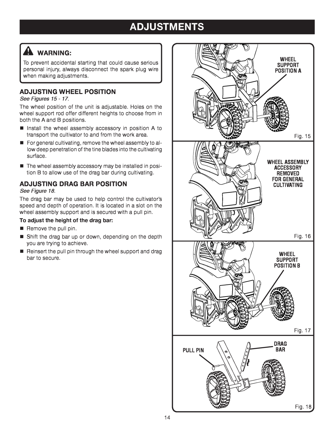 Ryobi RY60512 manual Adjustments, Adjusting Wheel Position, Adjusting Drag Bar Position, See Figures, Pull Pin, Cultivating 