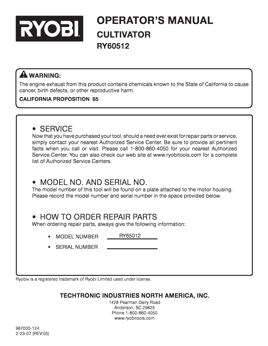 Ryobi RY60512 Techtronic Industries North America, Inc, California Proposition, Operator’S Manual, Cultivator, Service 