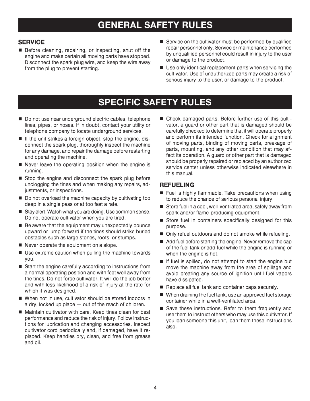 Ryobi RY60512 manual Specific Safety Rules, Service, Refueling, General Safety Rules 