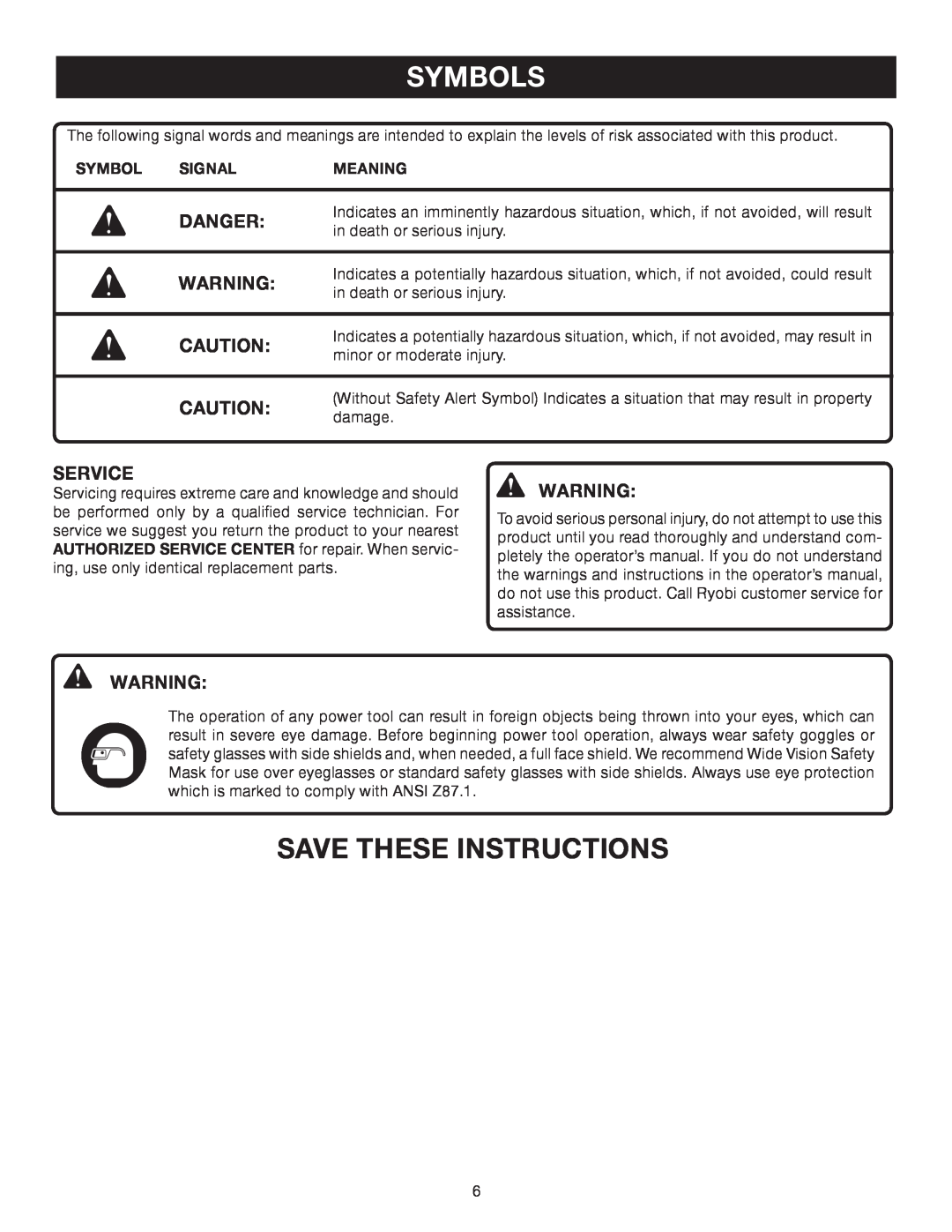 Ryobi RY60512 manual Save These Instructions, Danger, Symbols, Service, Signal, Meaning 