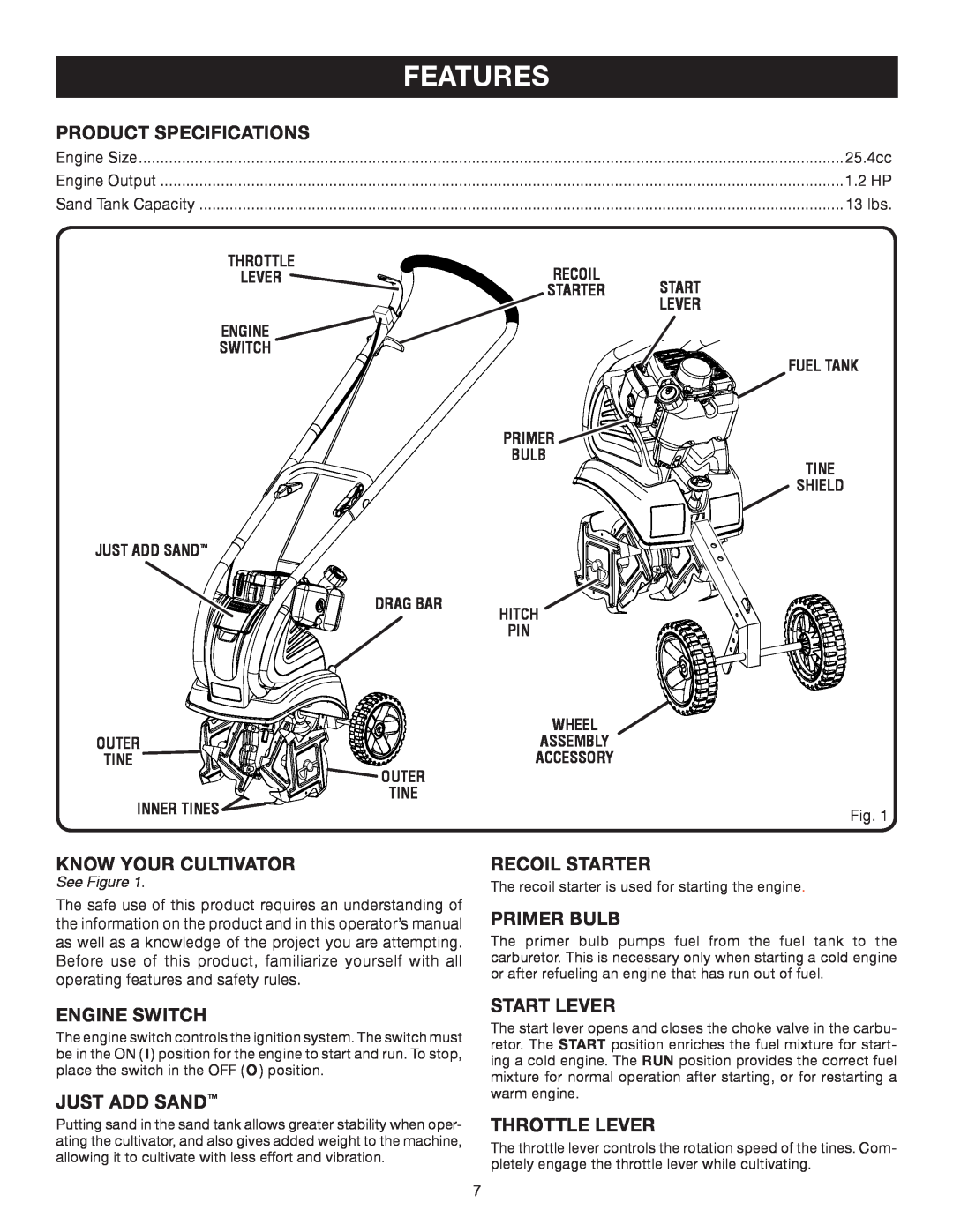 Ryobi RY60512 Features, Product Specifications, Know Your Cultivator, Recoil Starter, Primer Bulb, Engine Switch, Lever 