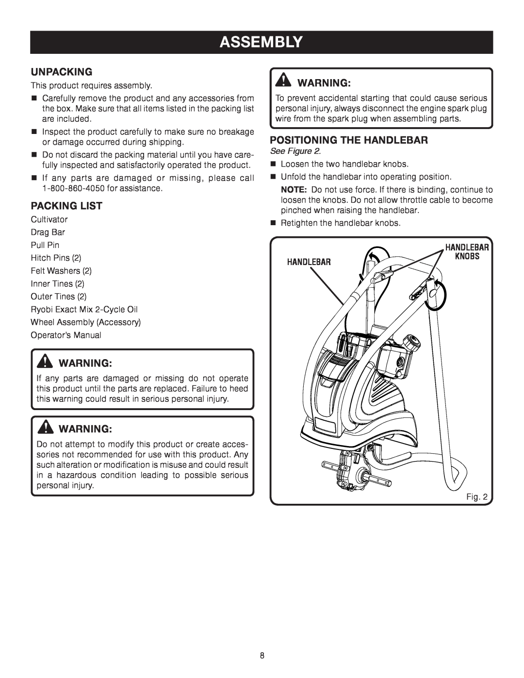 Ryobi RY60512 manual Assembly, Unpacking, Packing List, Positioning The Handlebar, See Figure 