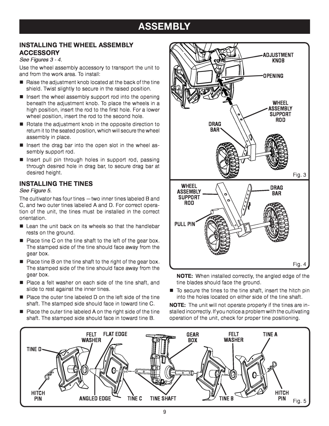 Ryobi RY60512 Installing The Wheel Assembly Accessory, Installing The Tines, See Figures, Adjustment, Drag Bar, Pull Pin 