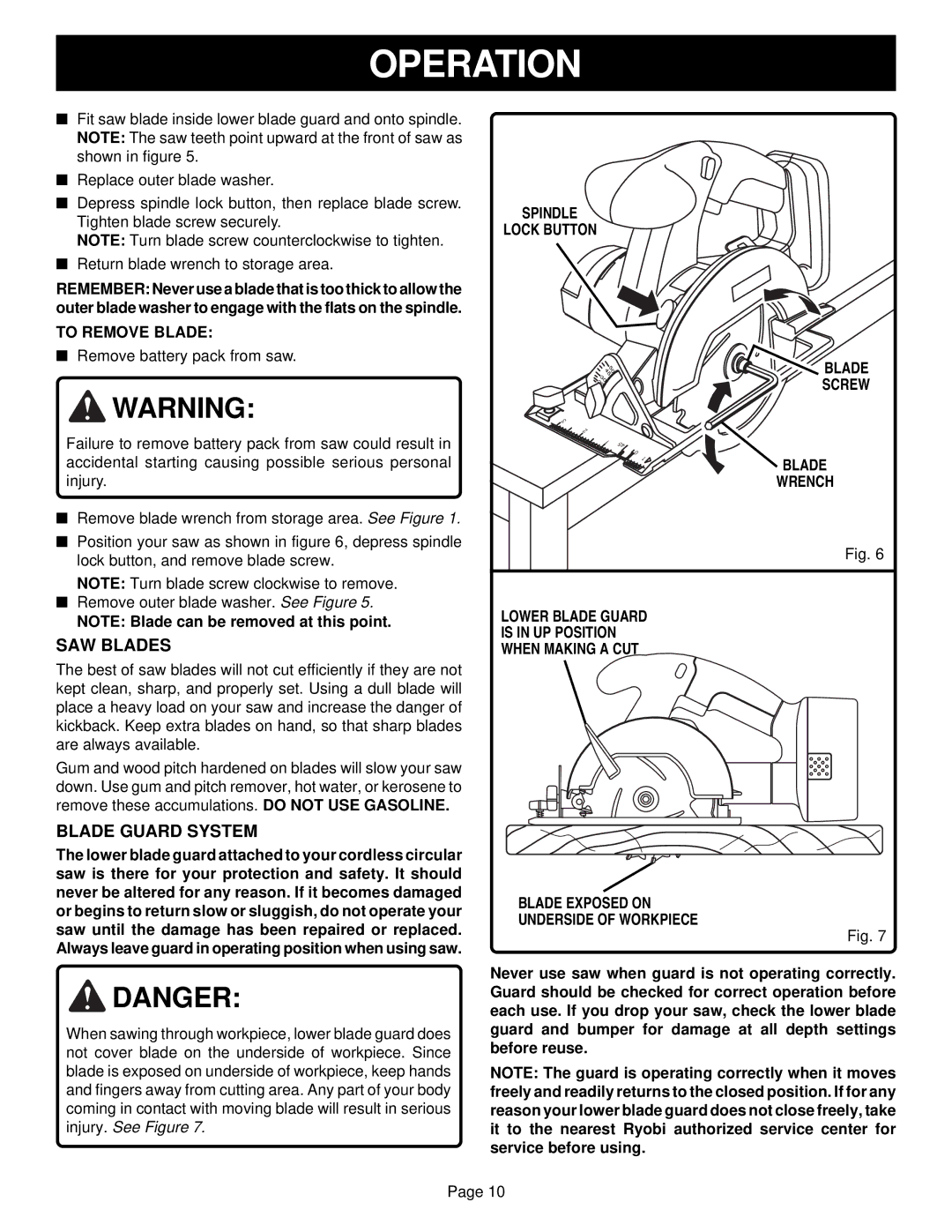 Ryobi RY6200 specifications SAW Blades, Blade Guard System, To Remove Blade 