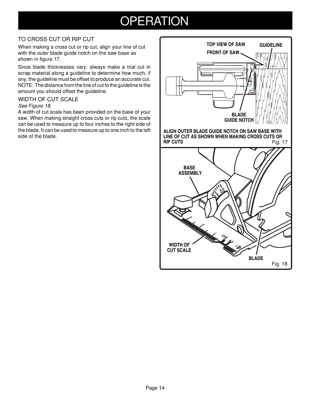 Ryobi RY6200 To Cross CUT or RIP CUT, Width of CUT Scale, TOP View of SAW Guideline Front of SAW Blade Guide Notch 