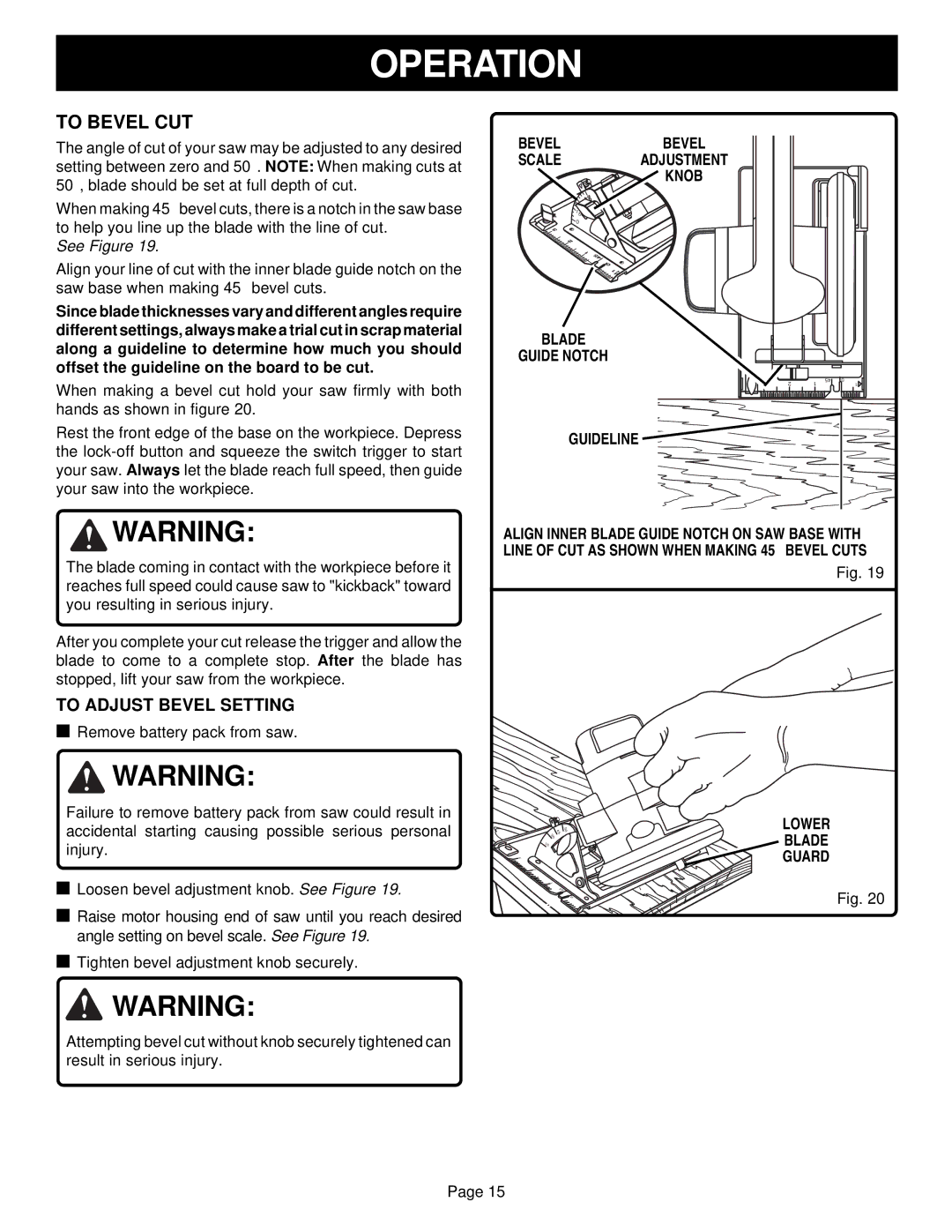 Ryobi RY6200 specifications To Adjust Bevel Setting, Blade Guide Notch Guideline, Guard 