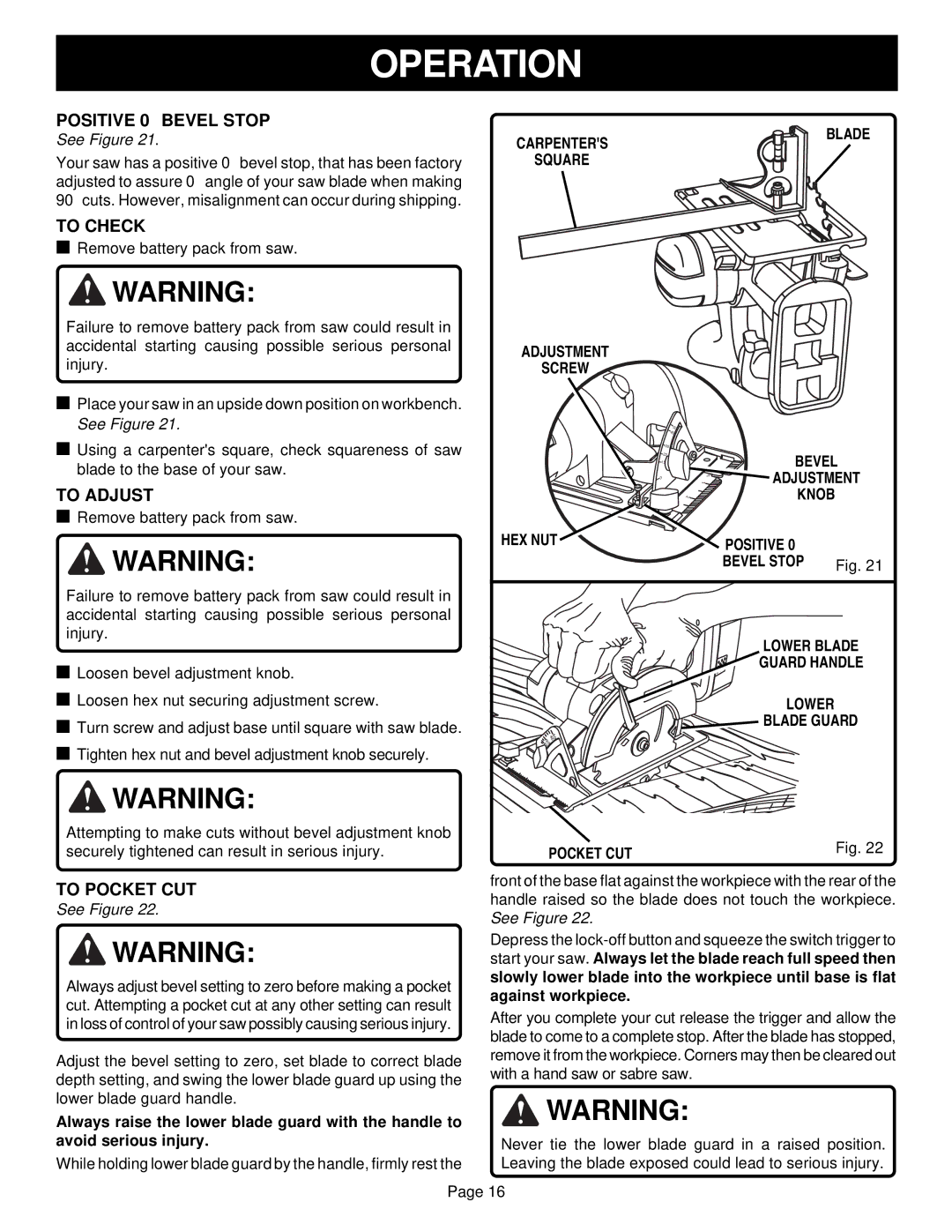 Ryobi RY6200 specifications Positive 0 Bevel Stop, To Check, To Adjust, To Pocket CUT 