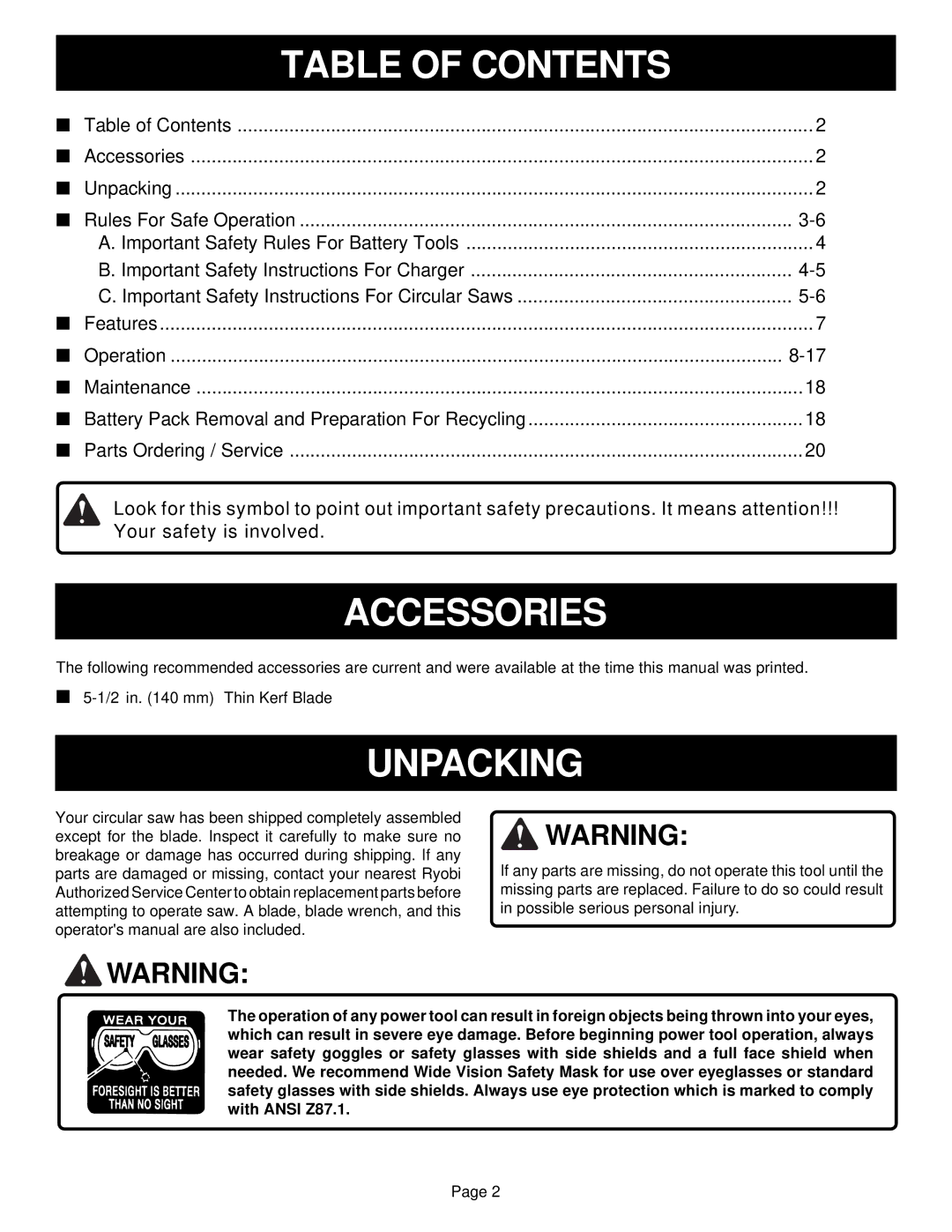 Ryobi RY6200 specifications Table of Contents, Accessories, Unpacking 