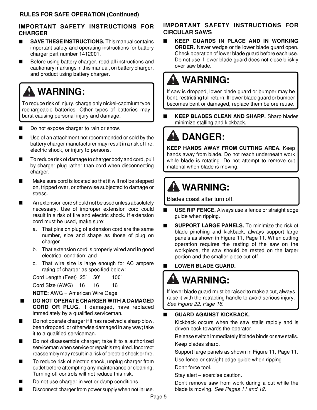 Ryobi RY6200 Important Safety Instructions for Charger, Important Safety Instructions for Circular Saws, Lower Blade Guard 