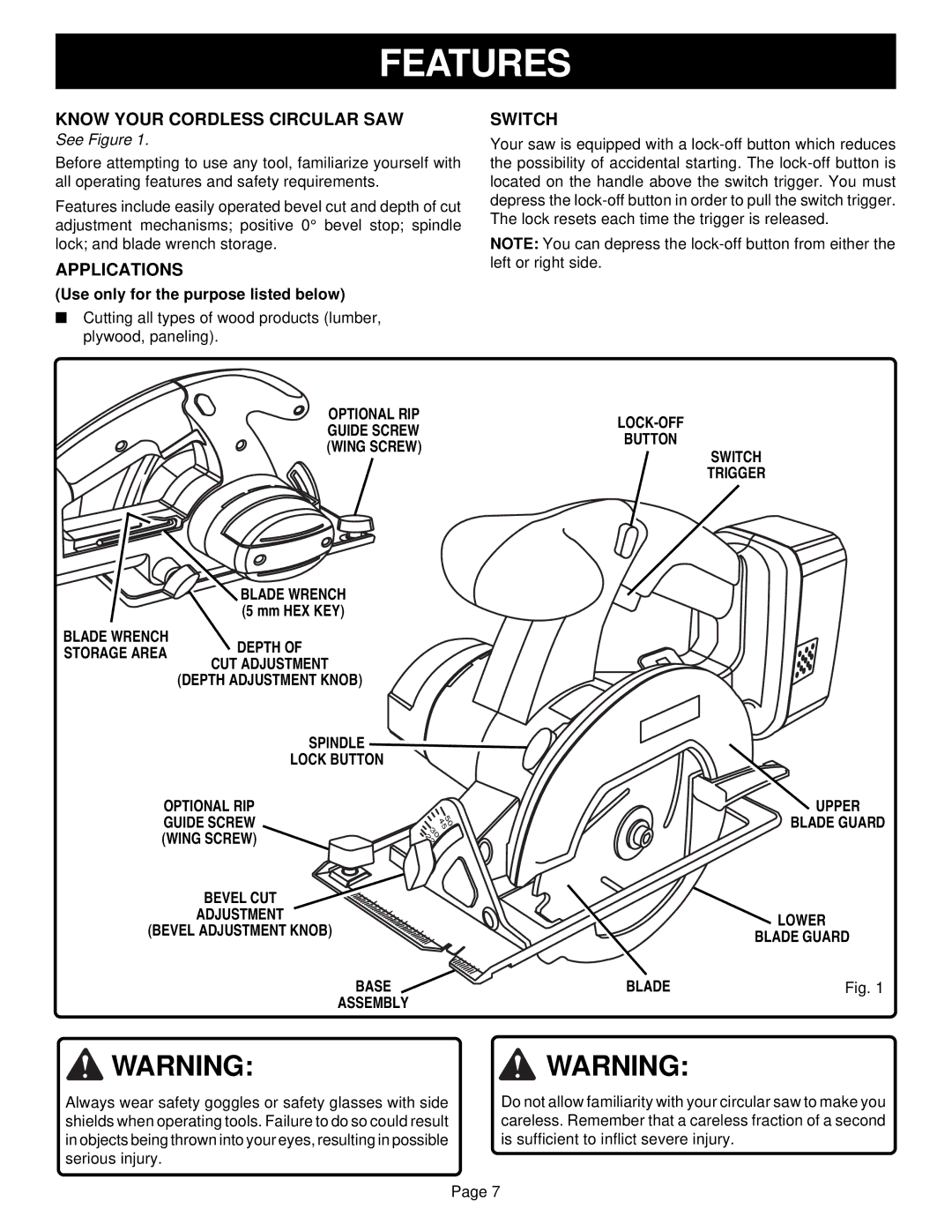 Ryobi RY6200 specifications Features, Know Your Cordless Circular SAW, Applications, Switch 