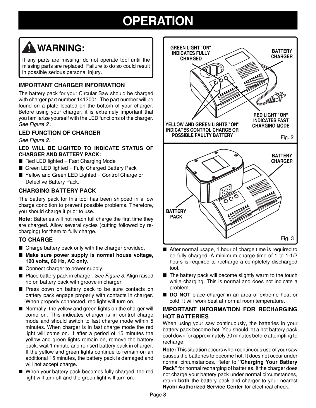 Ryobi RY6200 specifications Operation 