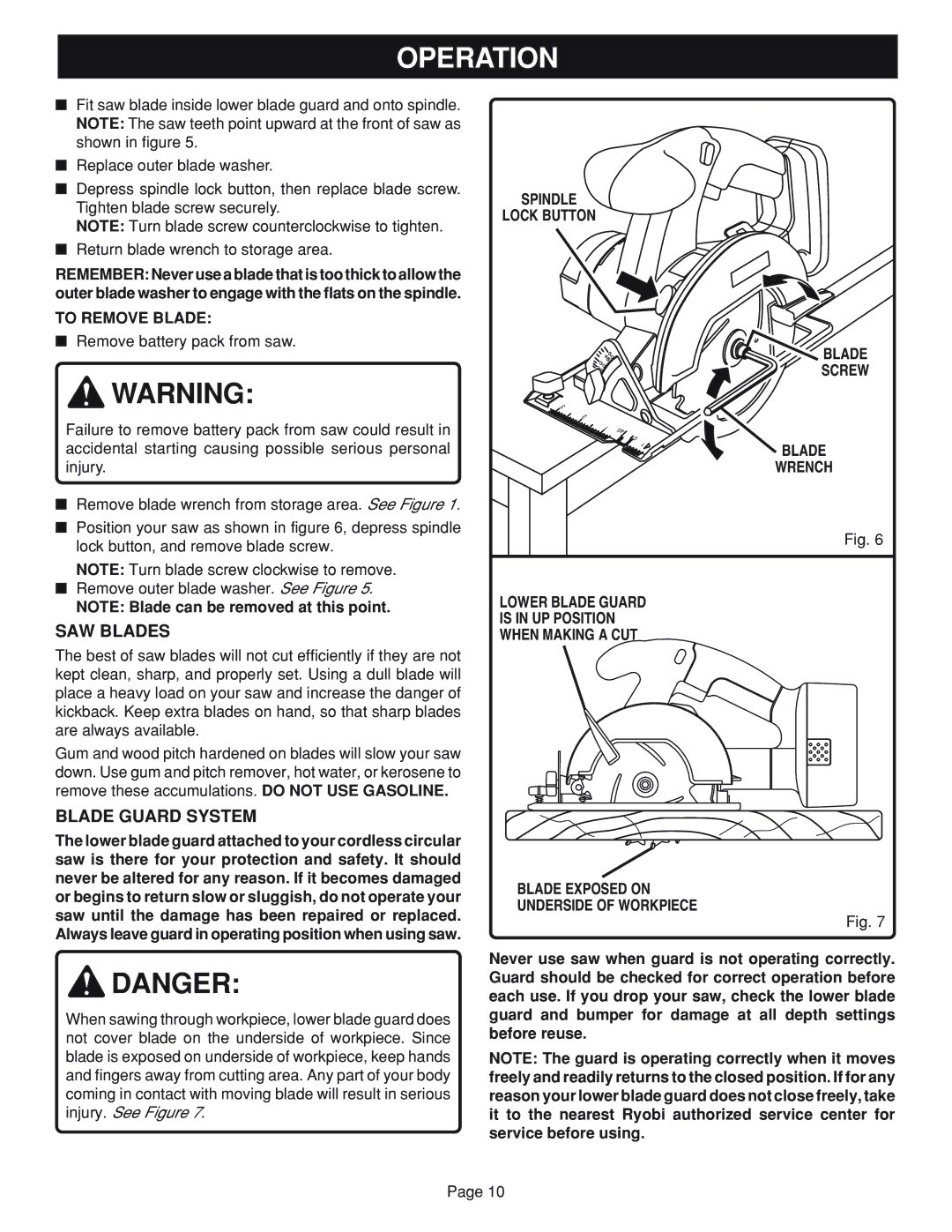 Ryobi RY6201 specifications SAW Blades, Blade Guard System, To Remove Blade 